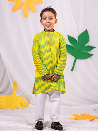 VASTRAMAY Boys' Lime Green Striped Cotton Kurta Pyjama Set