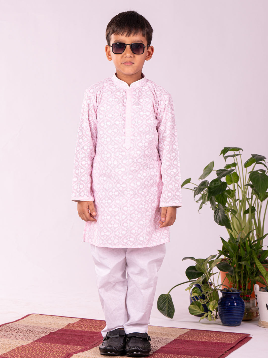 Boy's' Pink And White Kurta And Pyjama Set