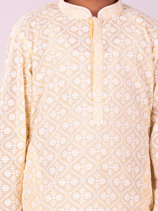 VASTRAMAY Boys' Yellow Chikankari Worked Cotton Kurta Pyjama Set