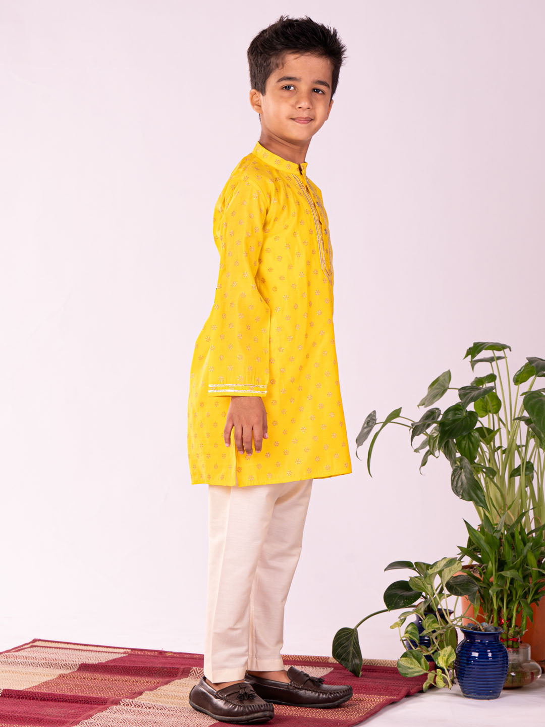 Boy's' Yellow And Cream Kurta Pyjama Set