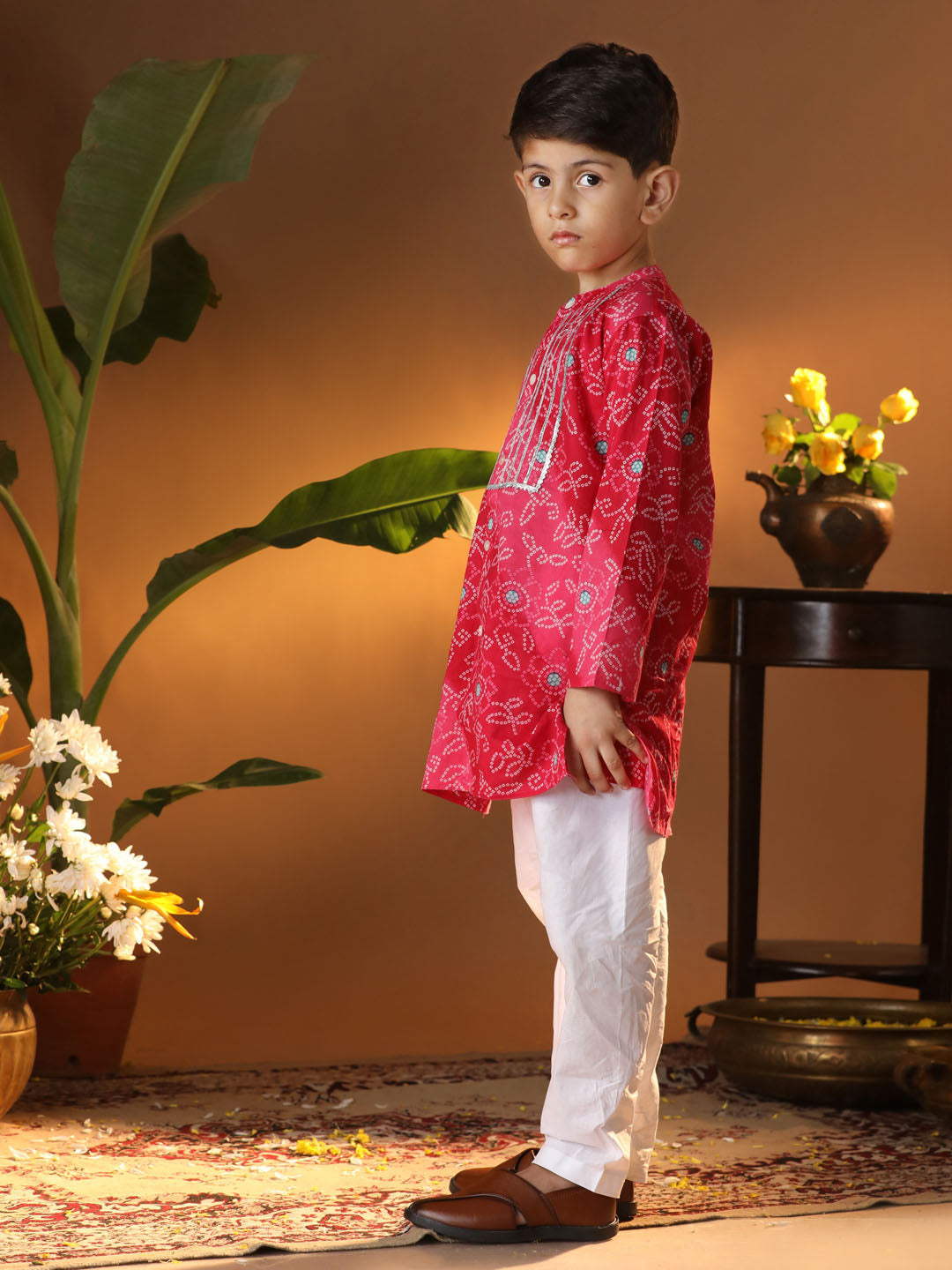 Infant Boy's' Pink And White Cotton Kurta And Pyjama Set