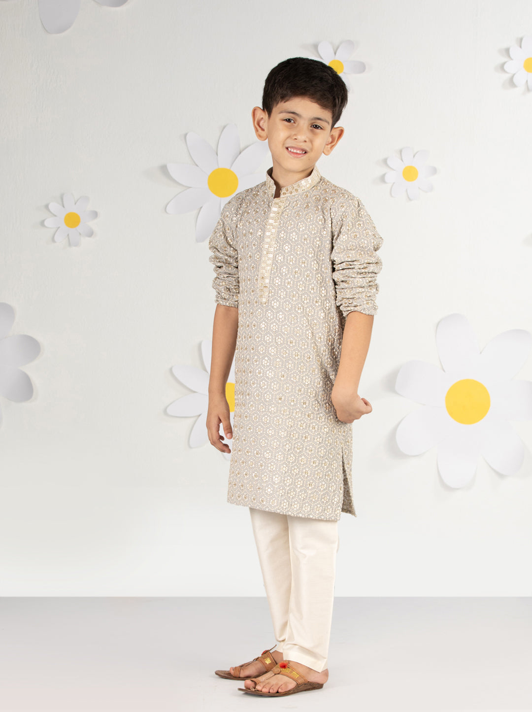 Boy's Grey Kurta Pyjama Set With Sequin Embroidery