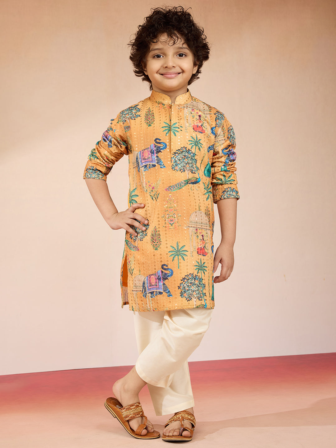 Boys Yellow Sequin Kurta Pajama Set