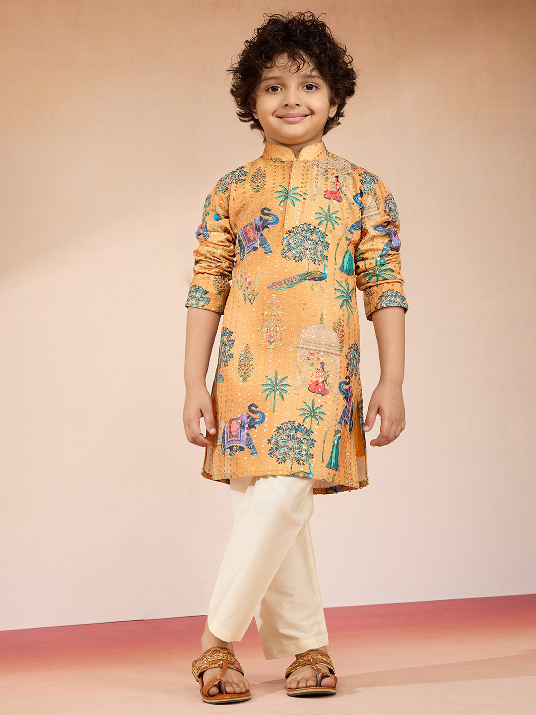 Boys Yellow Sequin Kurta Pajama Set