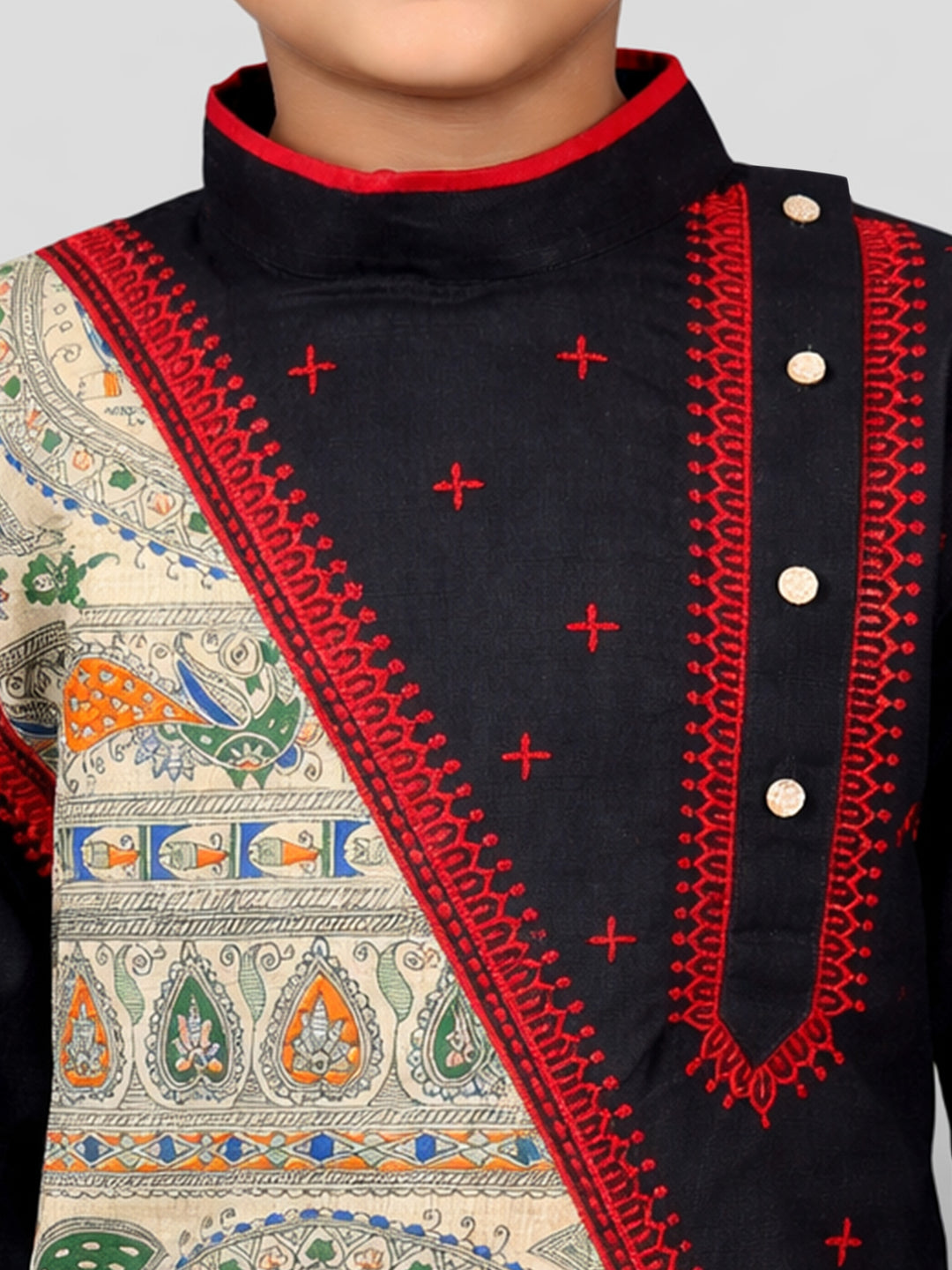 Boys Black Cotton Embroidered Kurta Pyjama Set