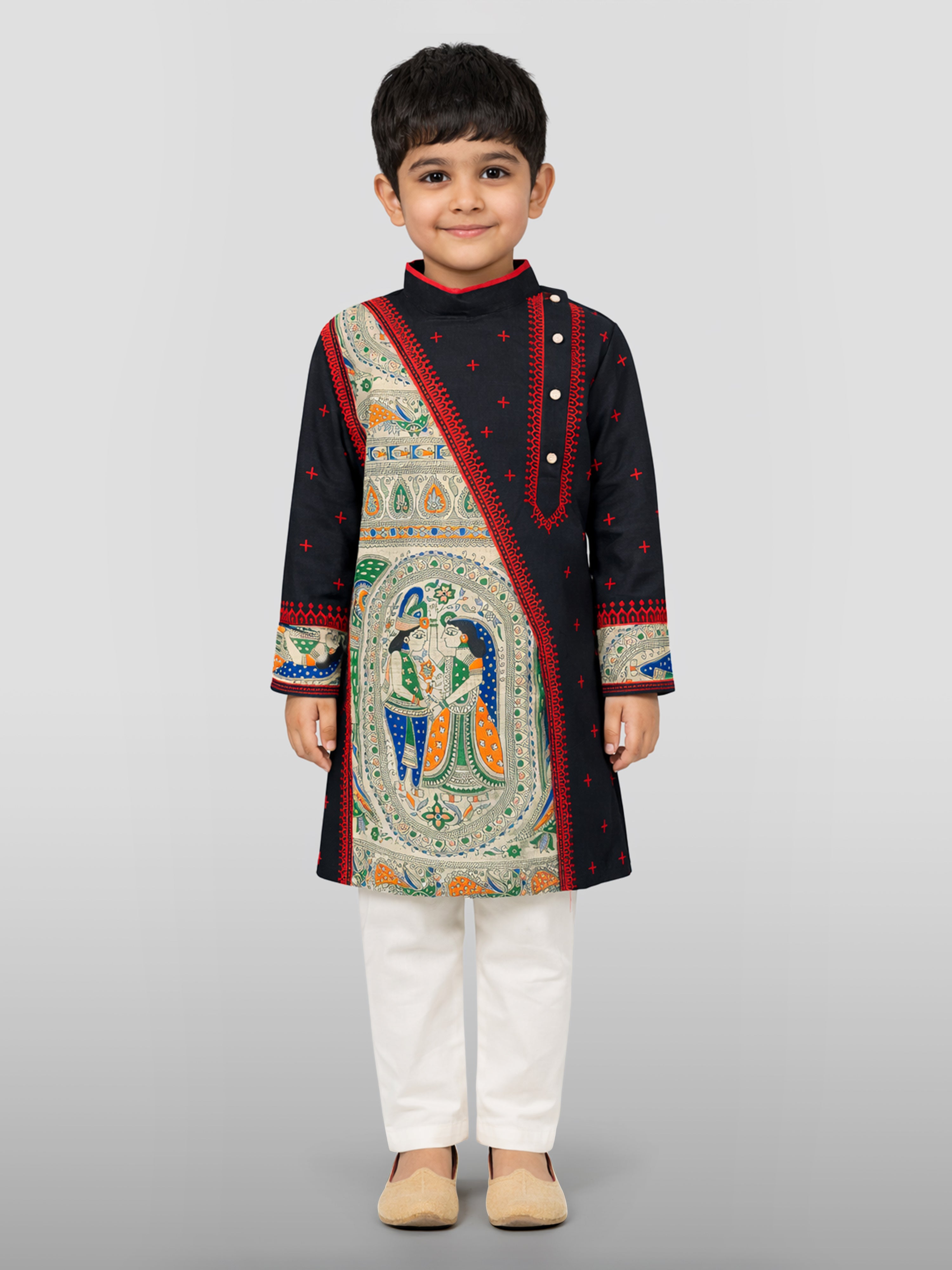 Boys Black Cotton Embroidered Kurta Pyjama Set