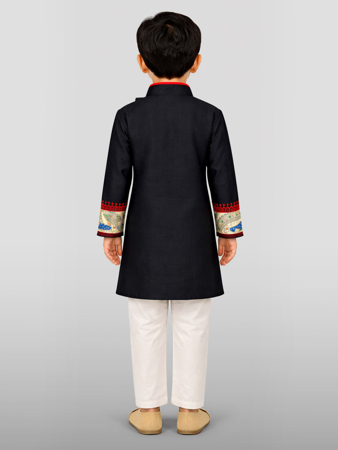 Boys Black Cotton Embroidered Kurta Pyjama Set
