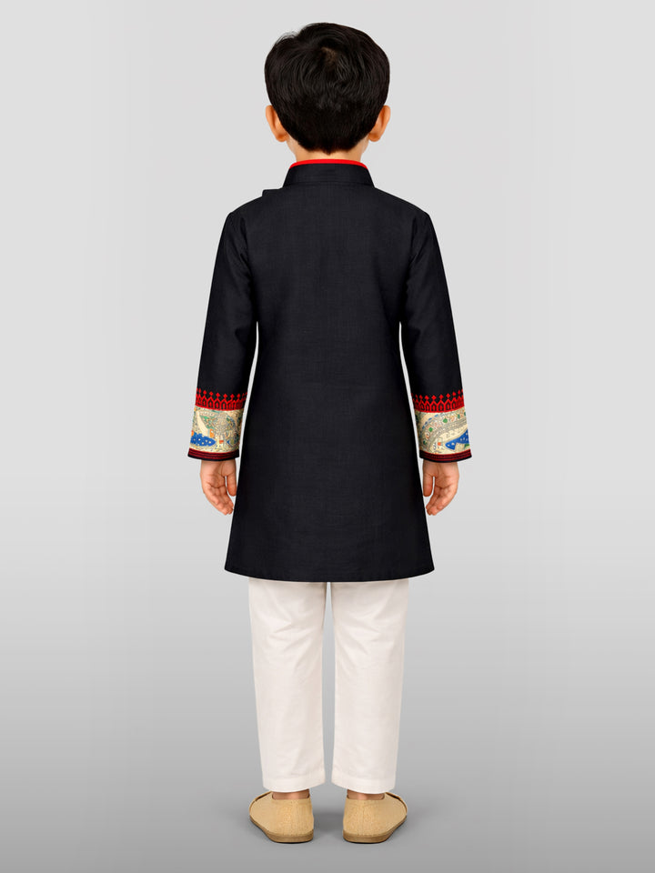 Boys Black Cotton Embroidered Kurta Pyjama Set