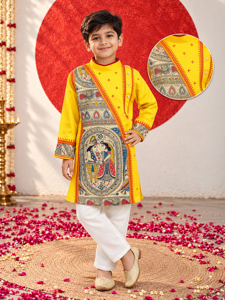 Boys Yellow Cotton Embroidered Kurta Pyjama Set
