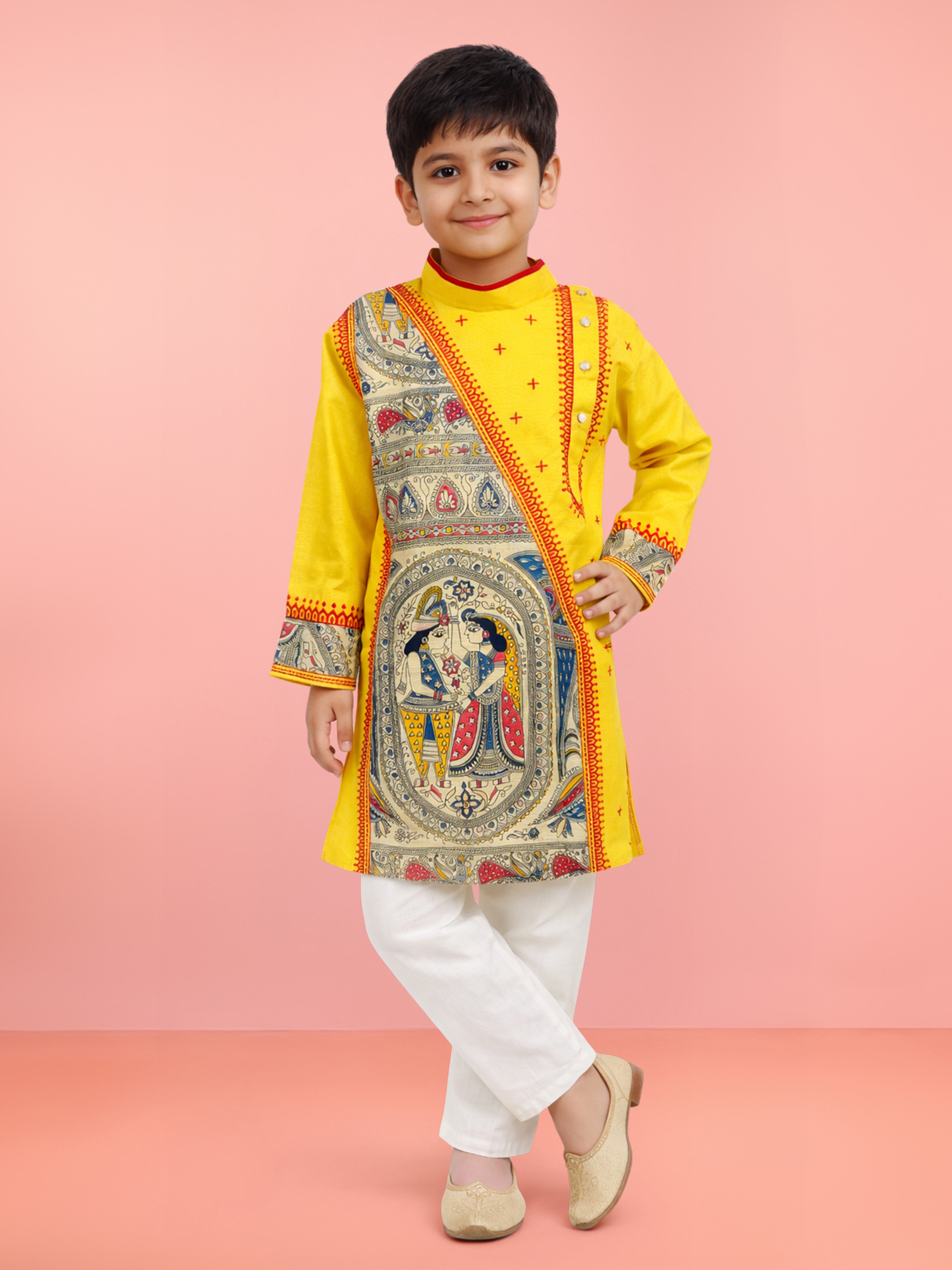 Boys Yellow Cotton Embroidered Kurta Pyjama Set