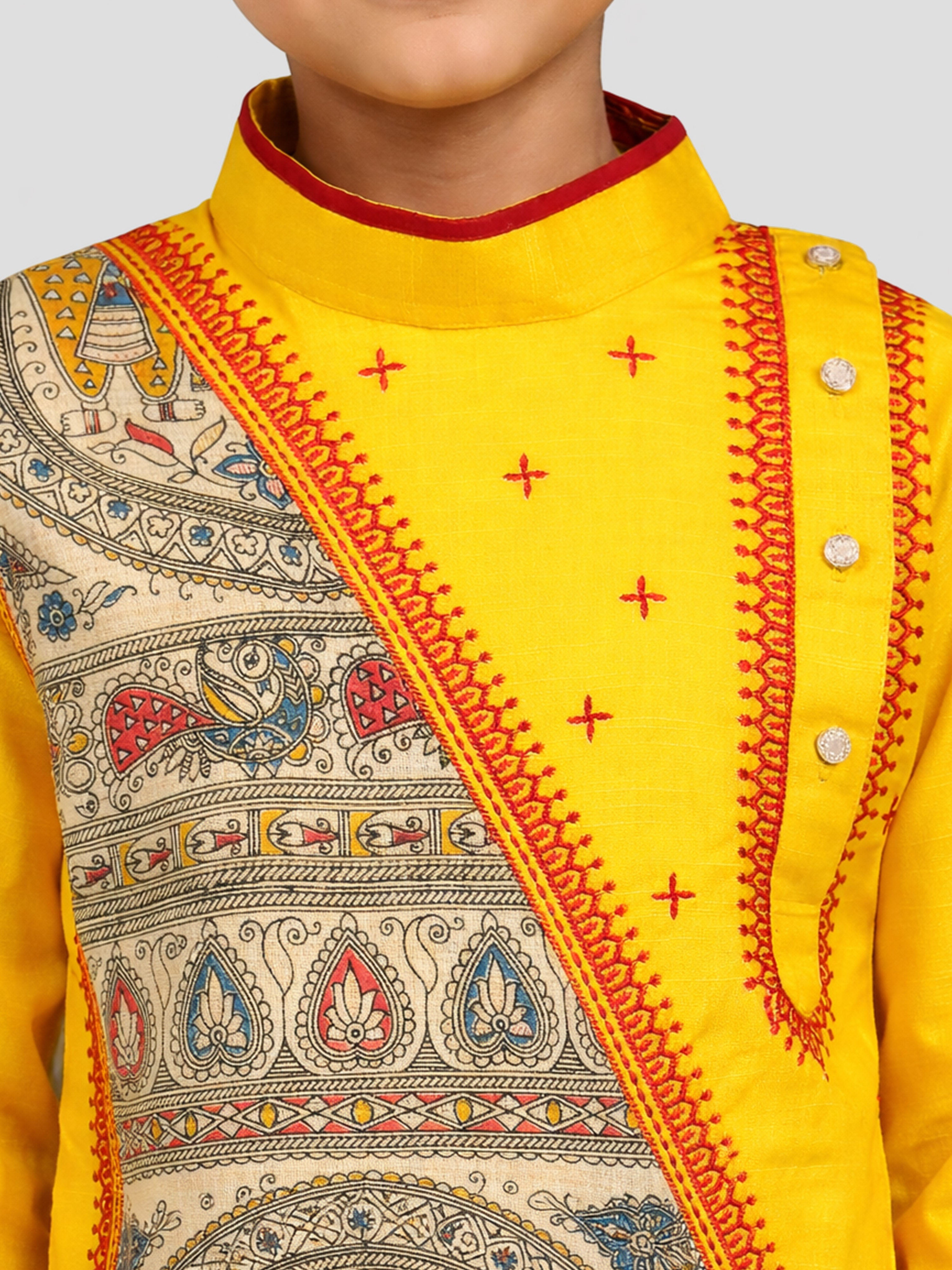 Boys Yellow Cotton Embroidered Kurta Pyjama Set