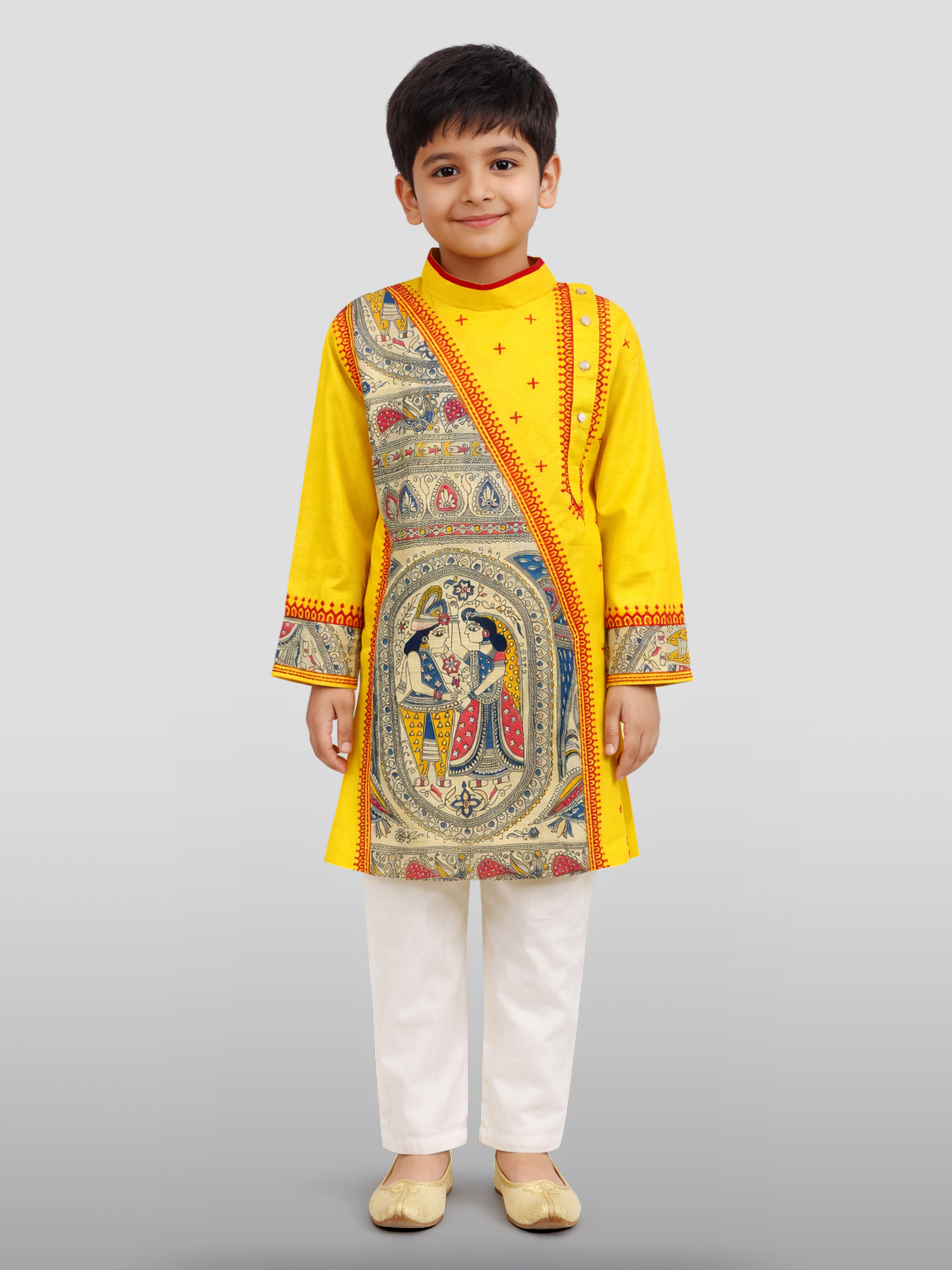 Boys Yellow Cotton Embroidered Kurta Pyjama Set