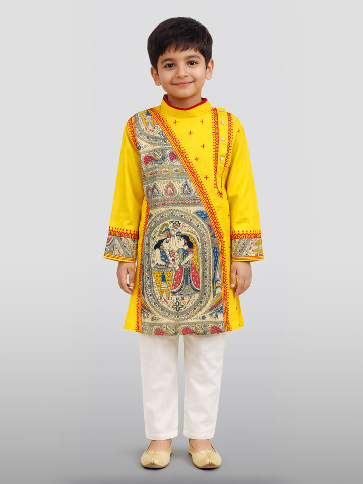 Boys Yellow Cotton Embroidered Kurta Pyjama Set