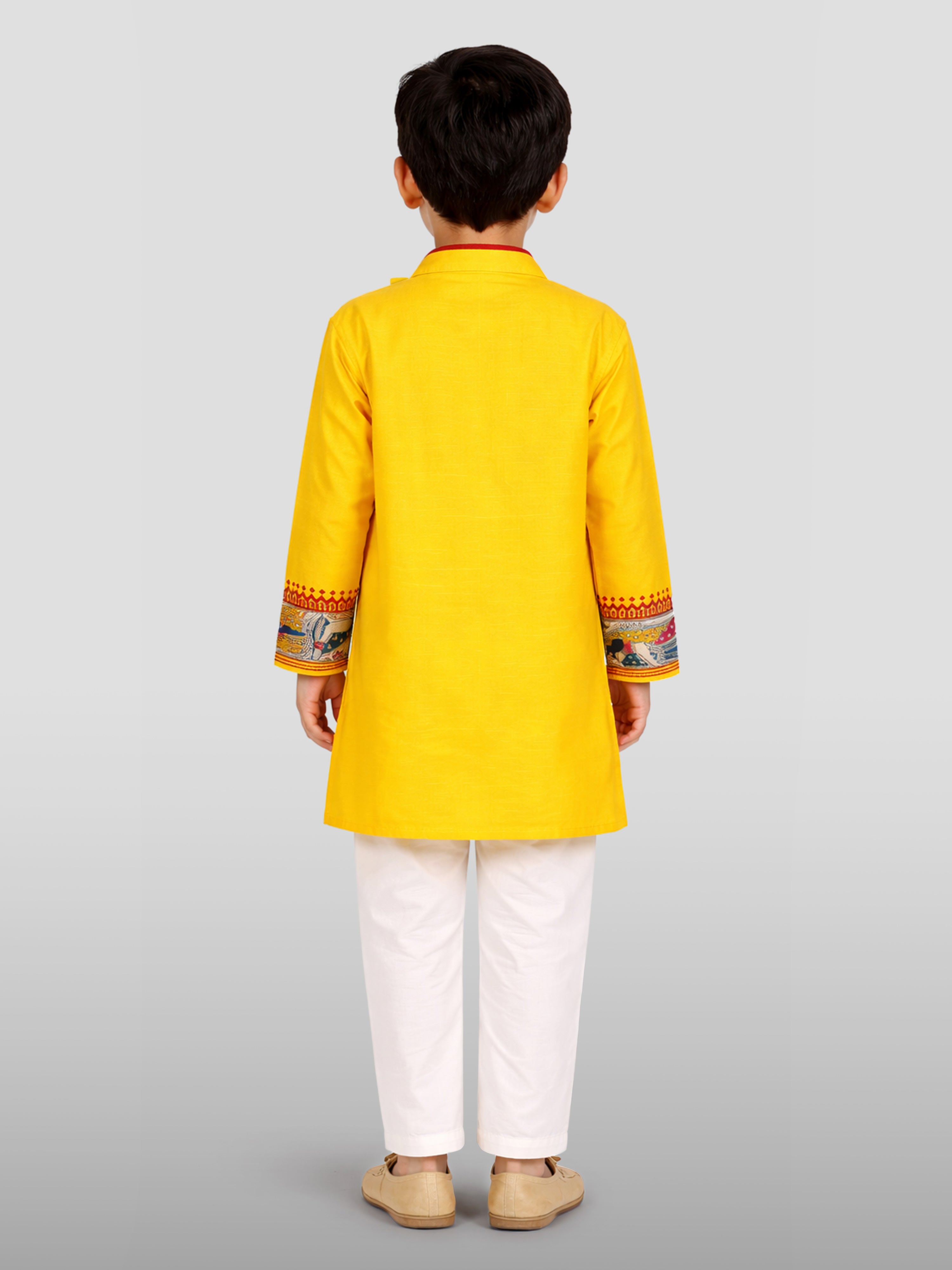 Boys Yellow Cotton Embroidered Kurta Pyjama Set