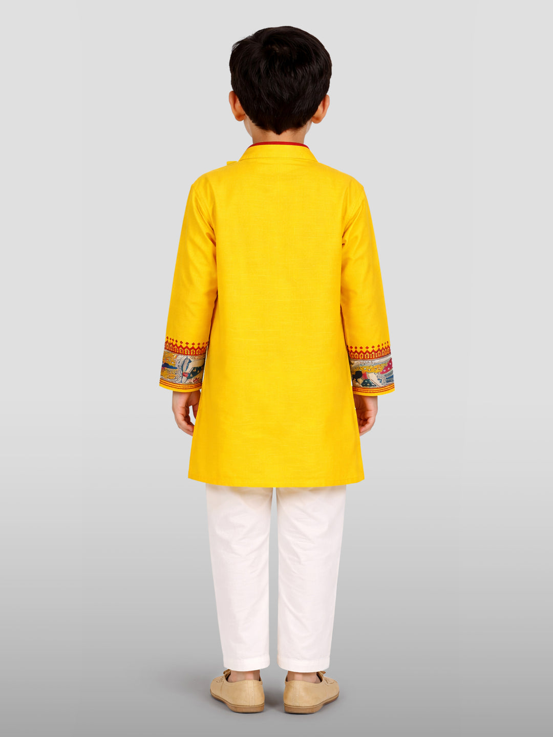 Boys Yellow Cotton Embroidered Kurta Pyjama Set