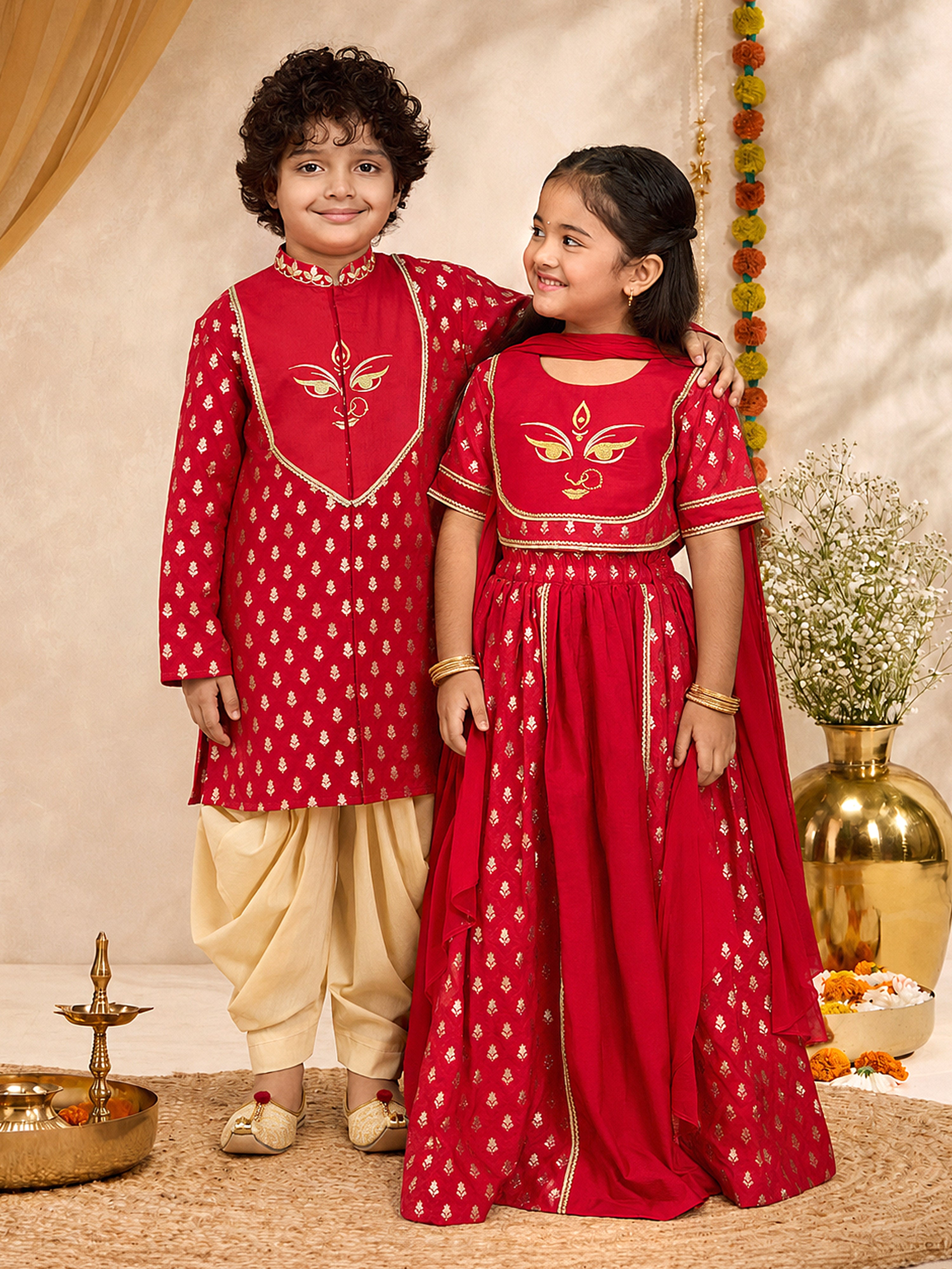 Boys Red Viscose Zari Embroidered Kurta with Dhoti Set