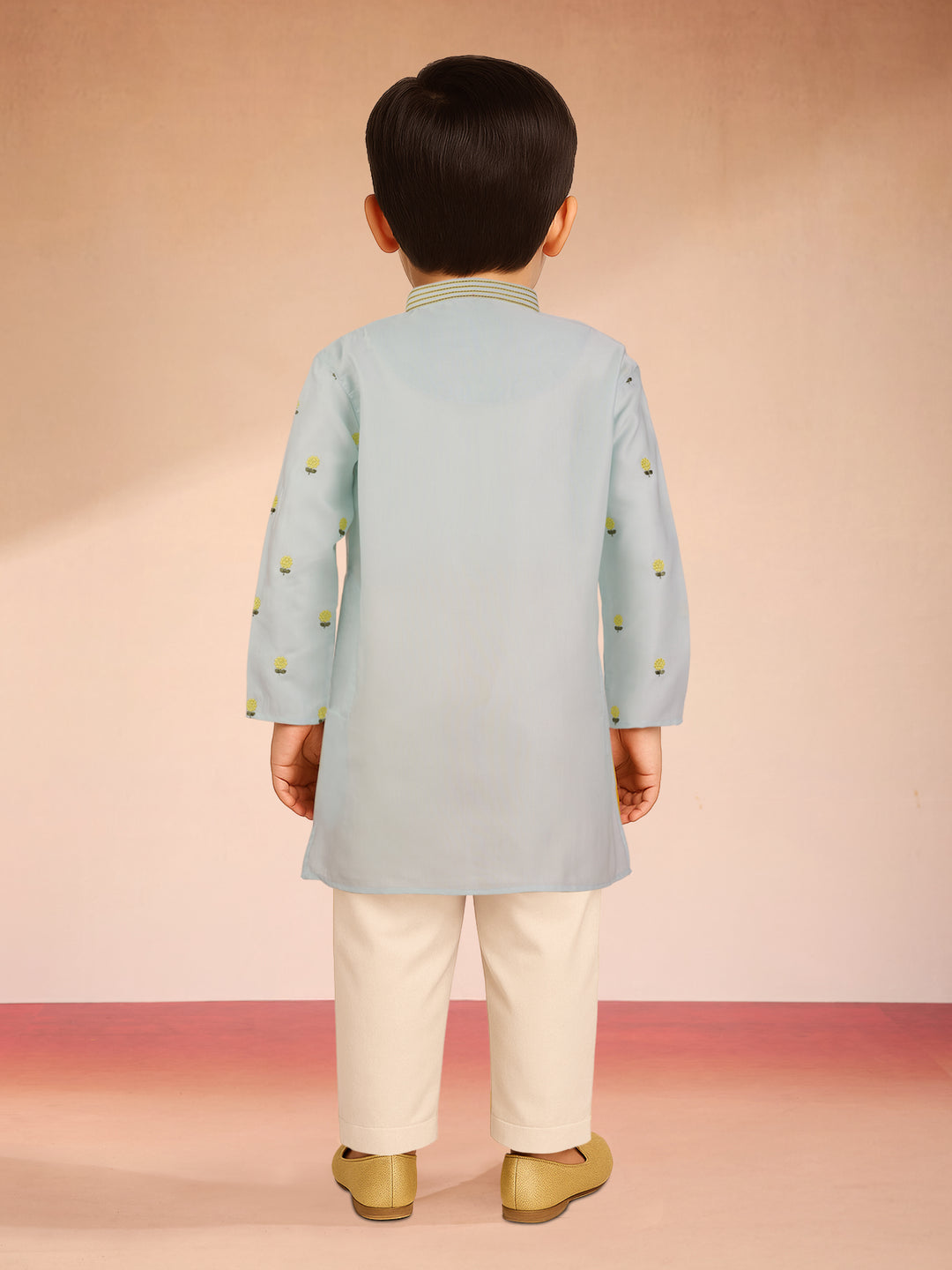 Boys Aqua Satin Floral Kurta Pajama Set
