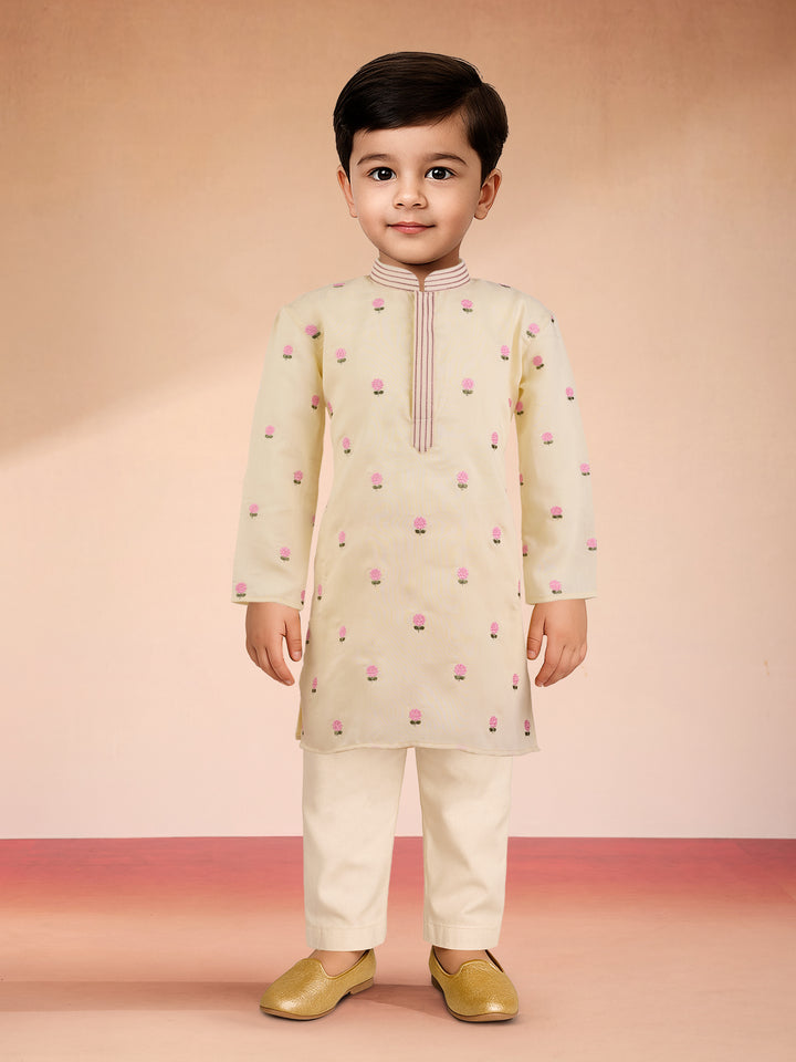 Boys Light Yellow Satin Floral Kurta Pajama Set