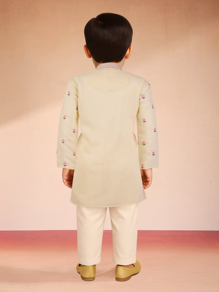 Boys Light Yellow Satin Floral Kurta Pajama Set