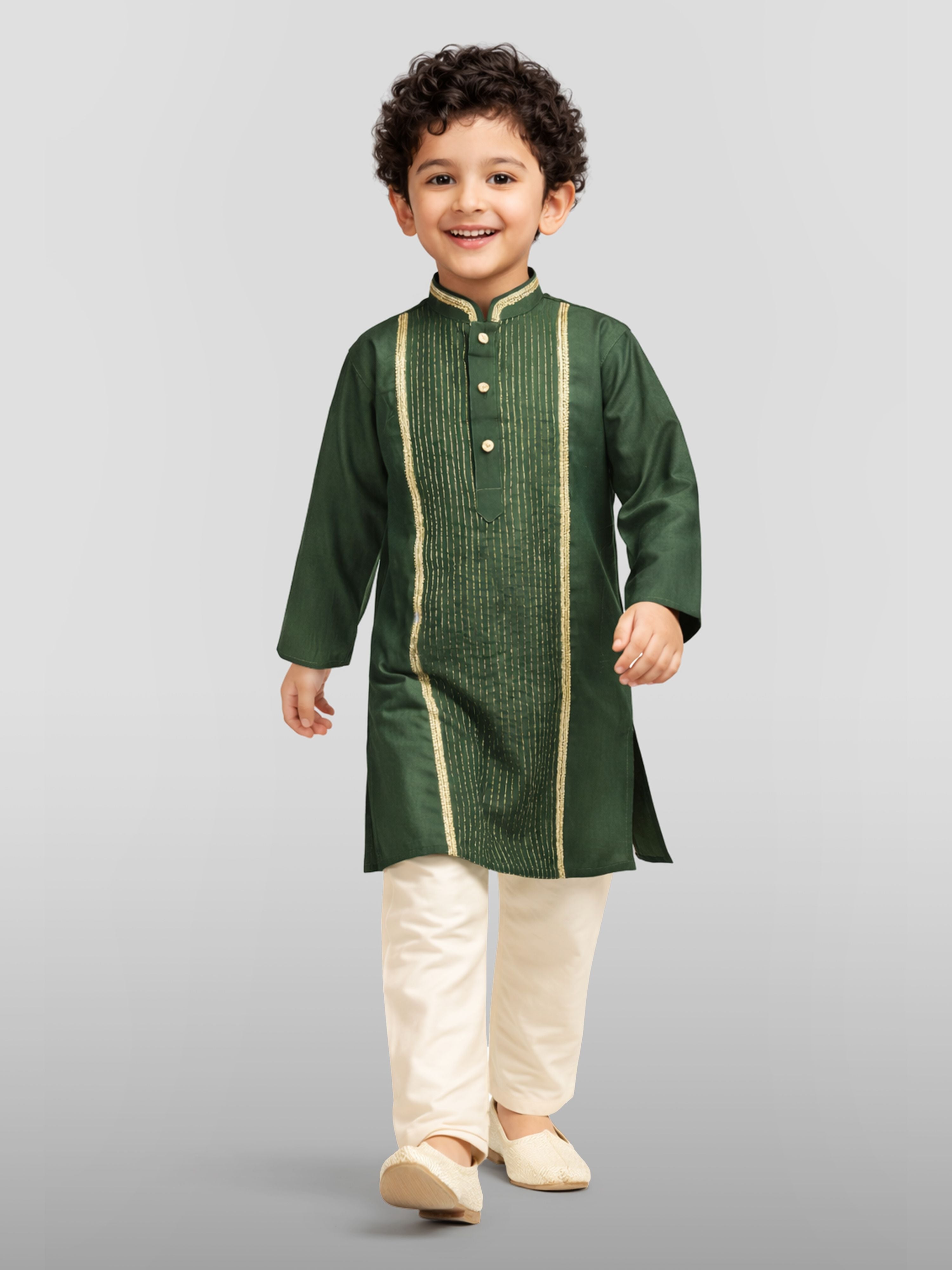 Boy Dark Green Silk Blend Kurta and Pyjama Set Wedding, Festive Glitz, Festive, Indated Traditions, Tailored Fit Treasures Ethnic Wear