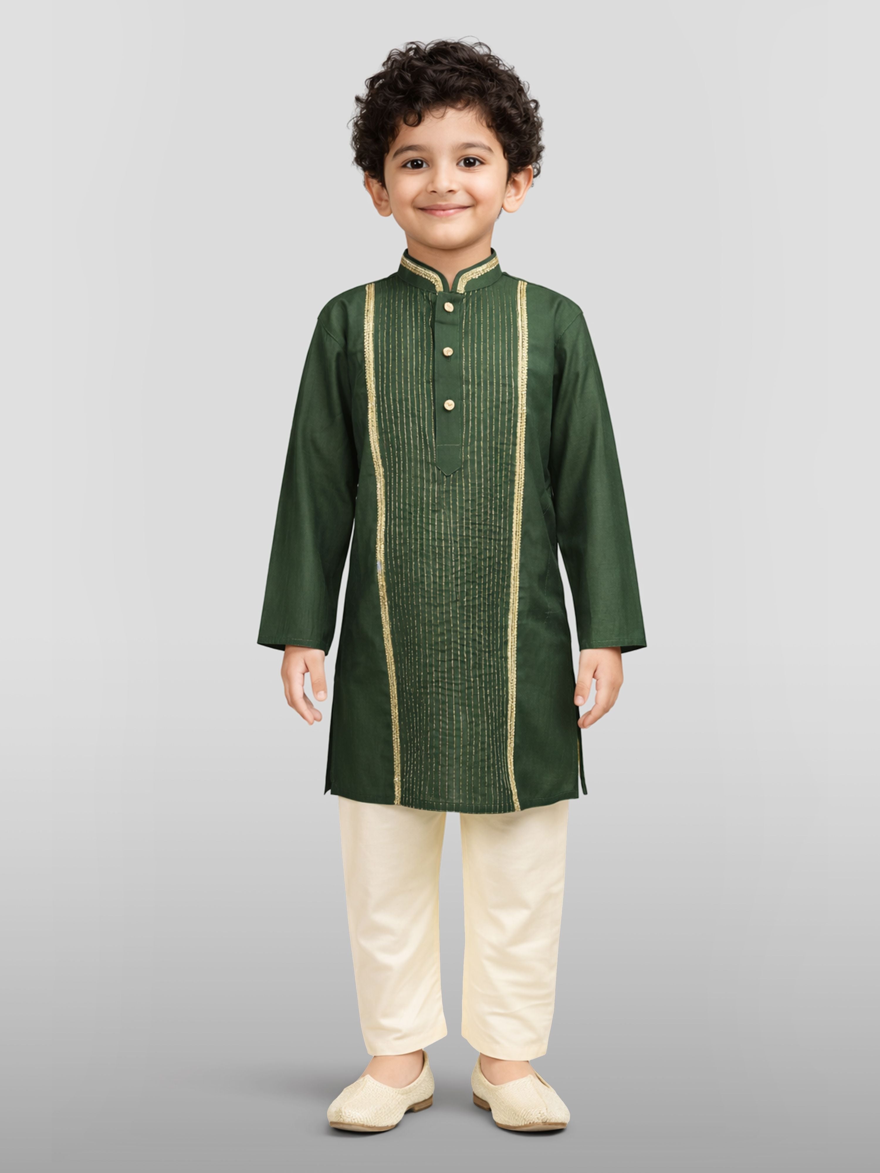 Boy's Dark Green Silk-Blend Embroidered Knee Length Kurta and Pyjama Set