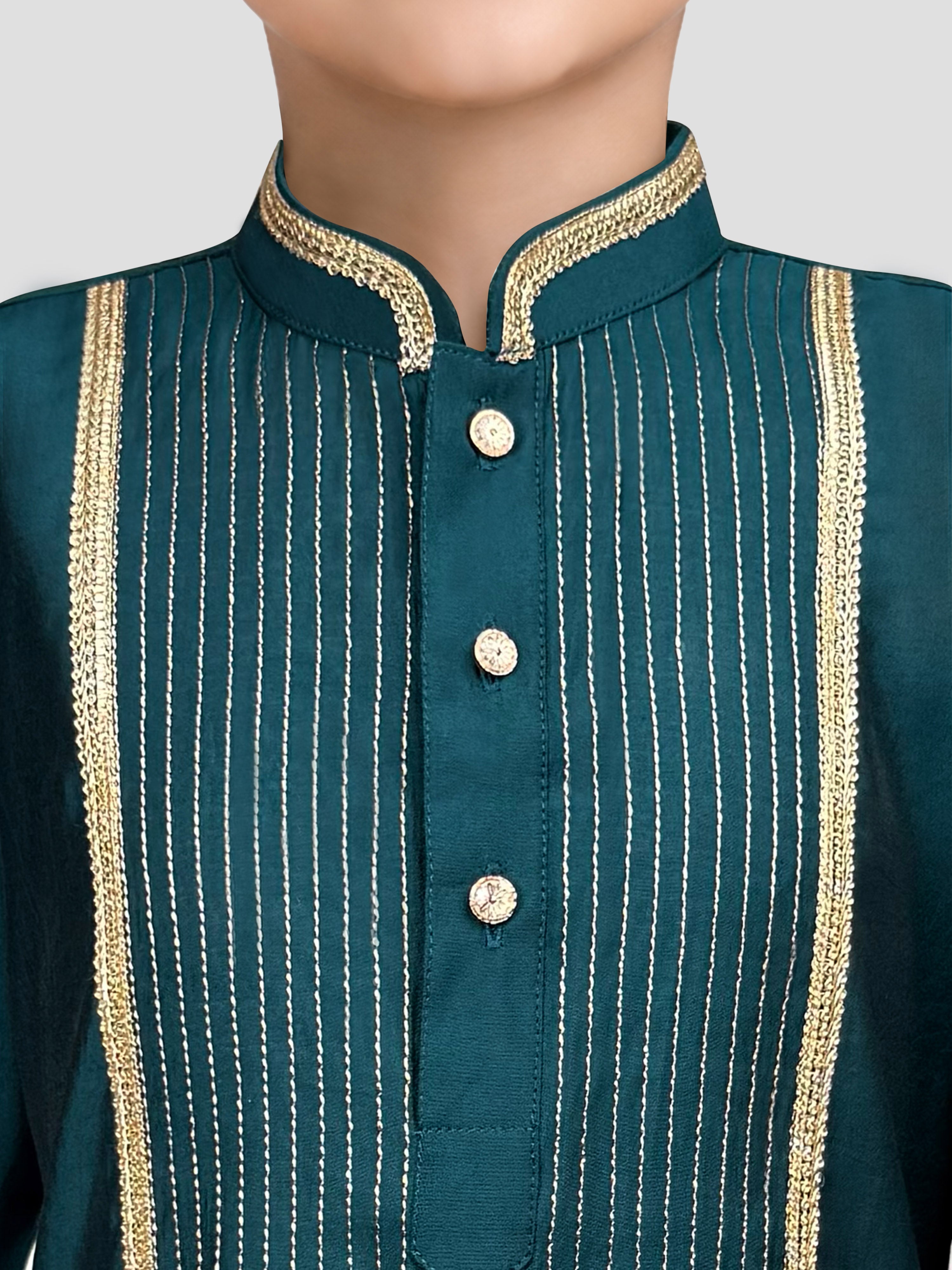 Boy's Turquoise Zari Embroidered Kurta Pyjama