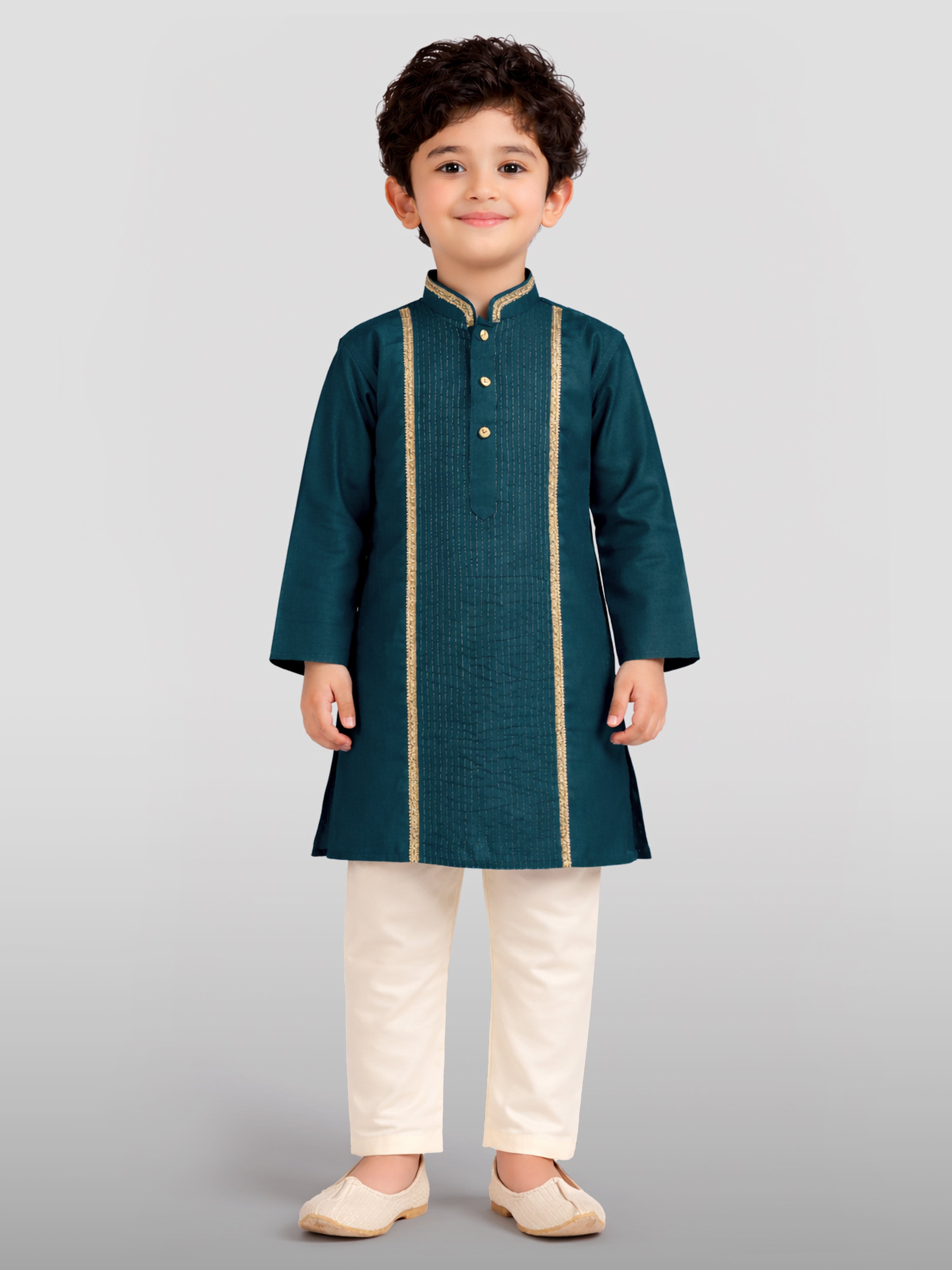 Boy's Turquoise Zari Embroidered Kurta Pyjama