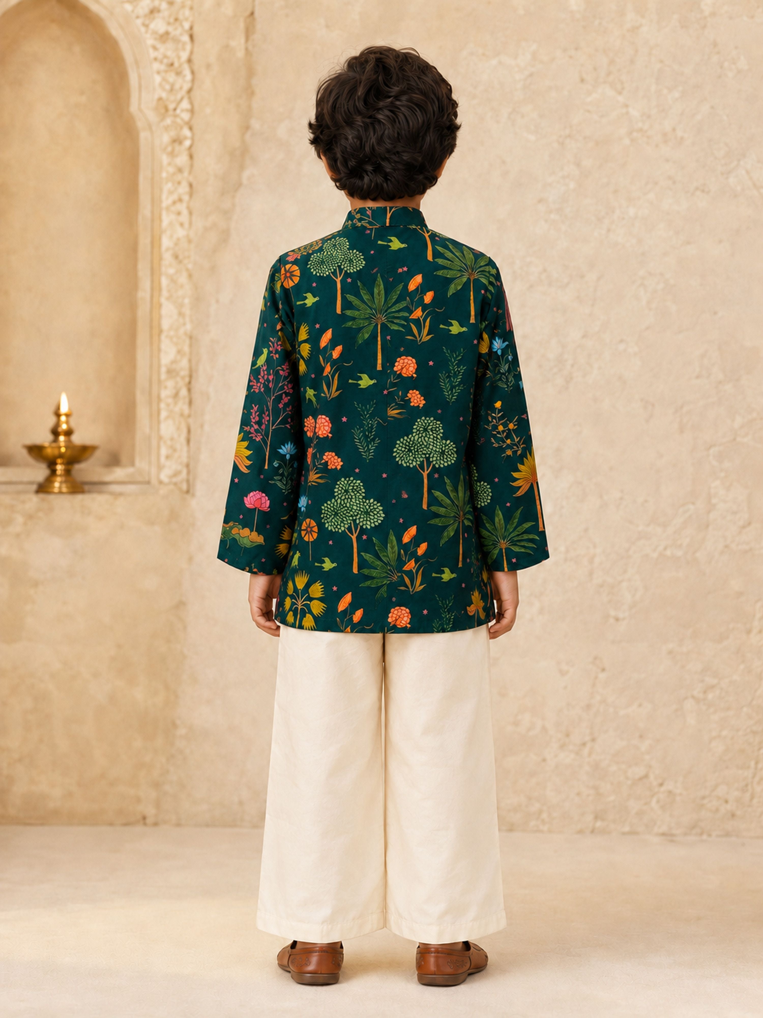 Boy's Dark Green Muslin Floral Print Thigh Length Kurta and Wide Leg Pant