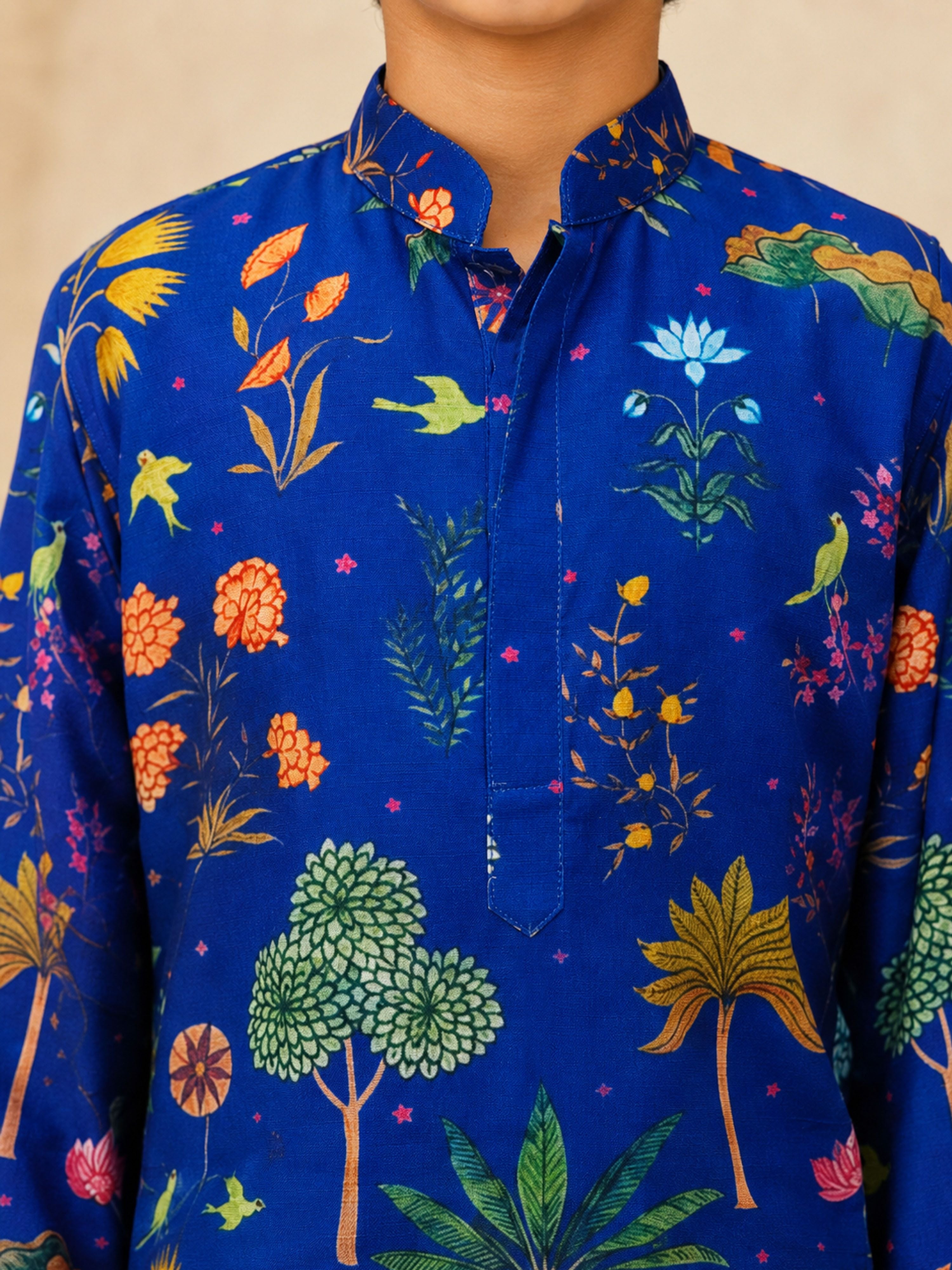 Boy's Blue Muslin Floral Print Thigh Length Kurta and Wide Leg Pant