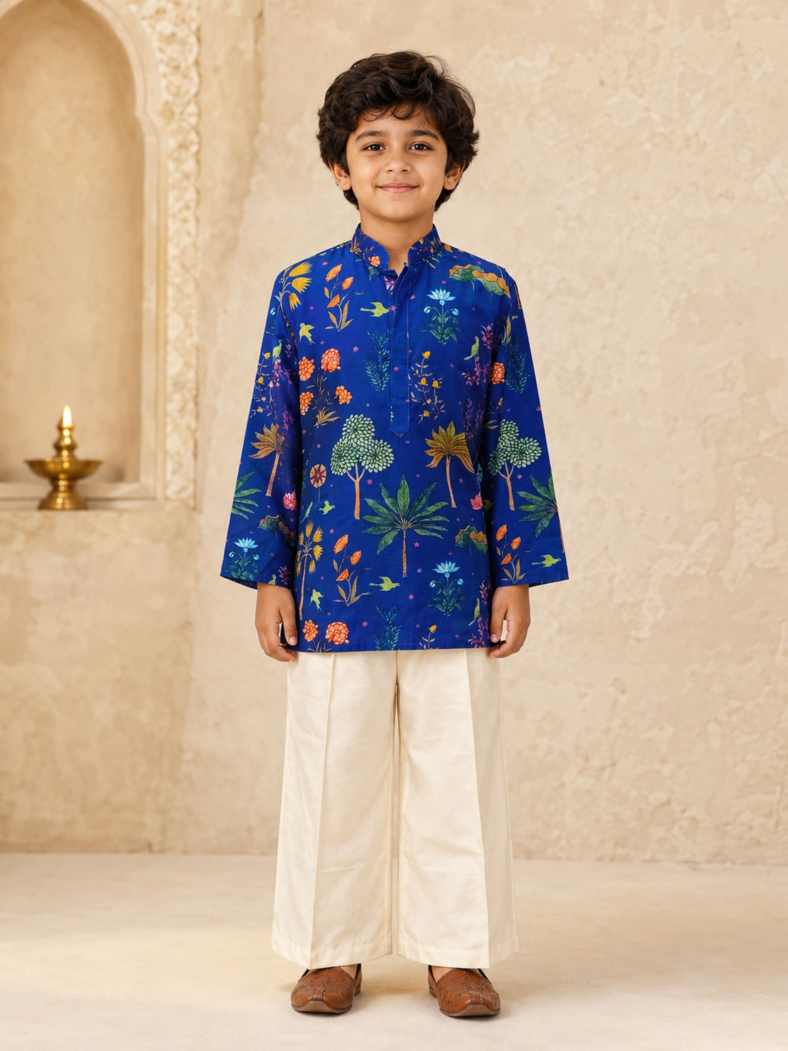 Boy's Blue Muslin Floral Print Thigh Length Kurta and Wide Leg Pant