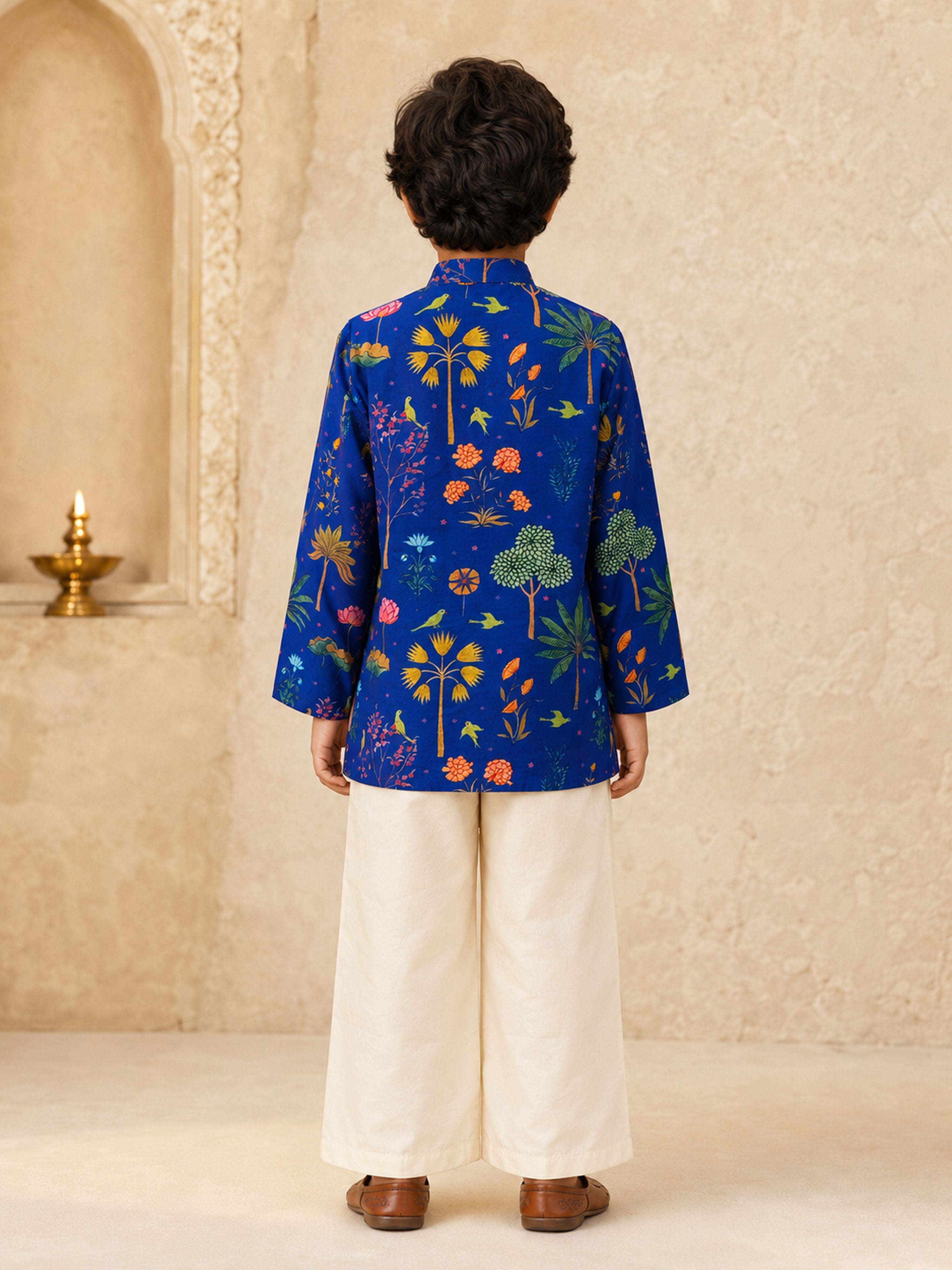 Boy's Blue Muslin Floral Print Thigh Length Kurta and Wide Leg Pant