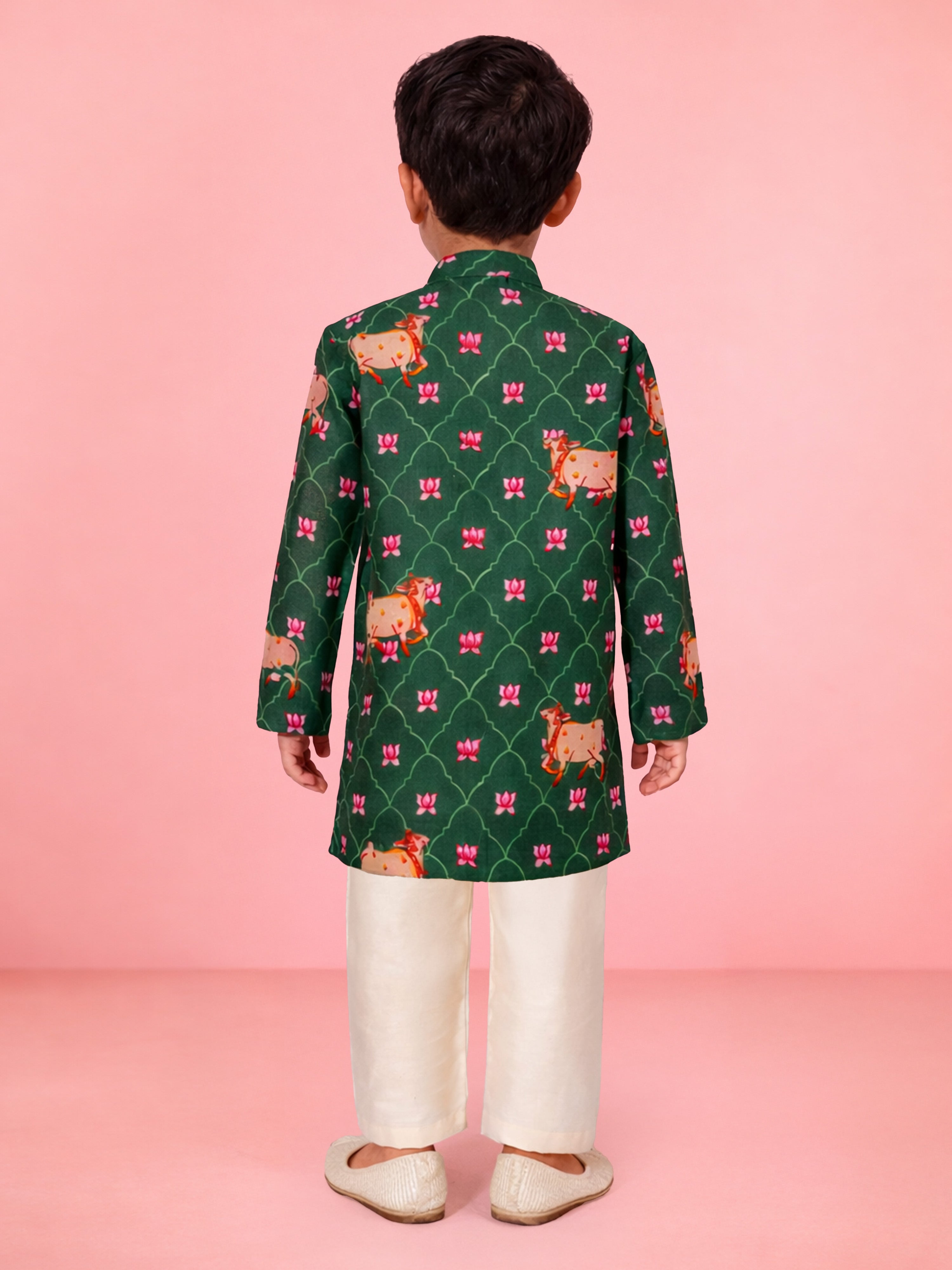 Boys Green Pichwai Cow Print Cotton Kurta Pyjama Set for Wedding & Festive Wear