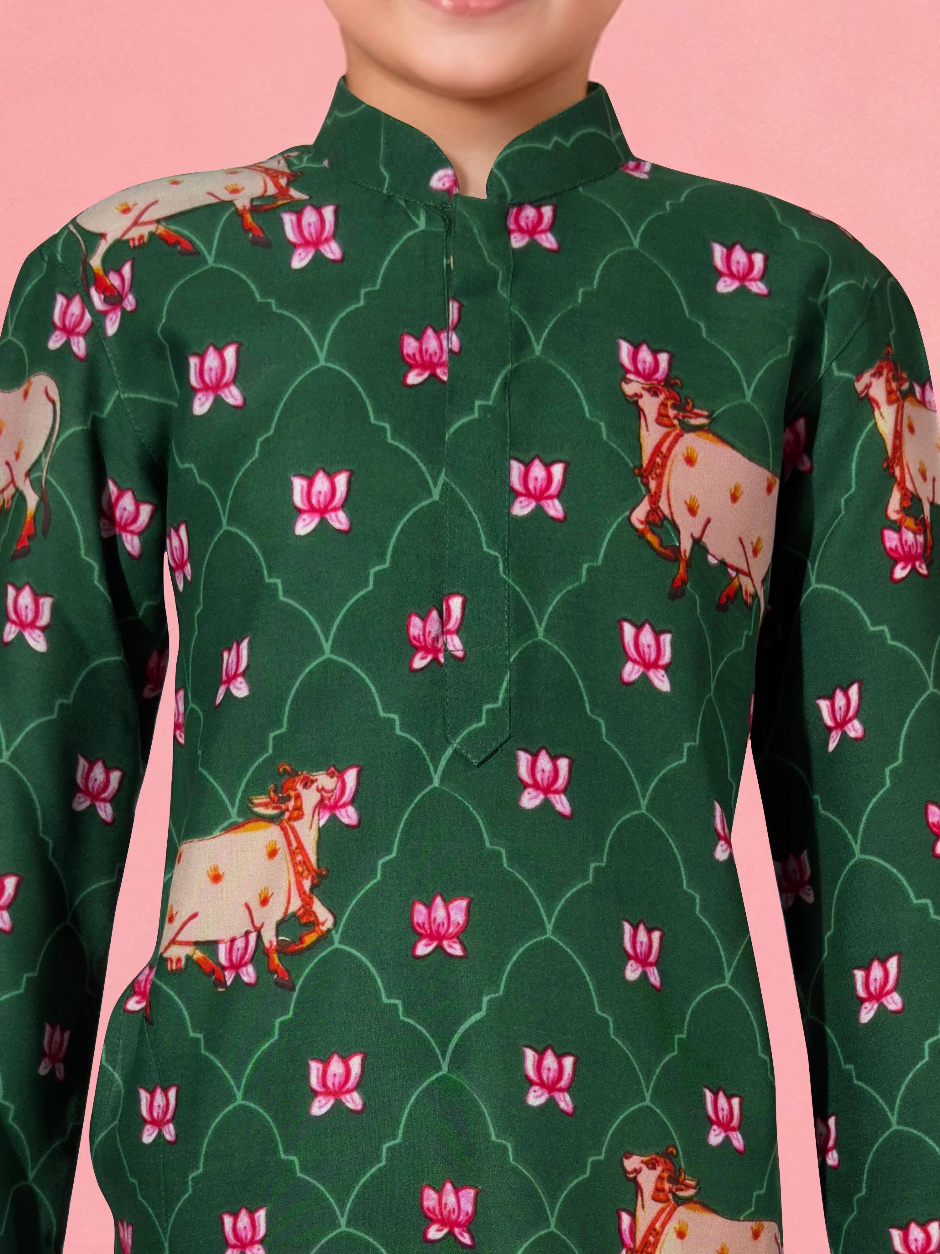 Boys Green Pichwai Cow Print Cotton Kurta Pyjama Set for Wedding & Festive Wear
