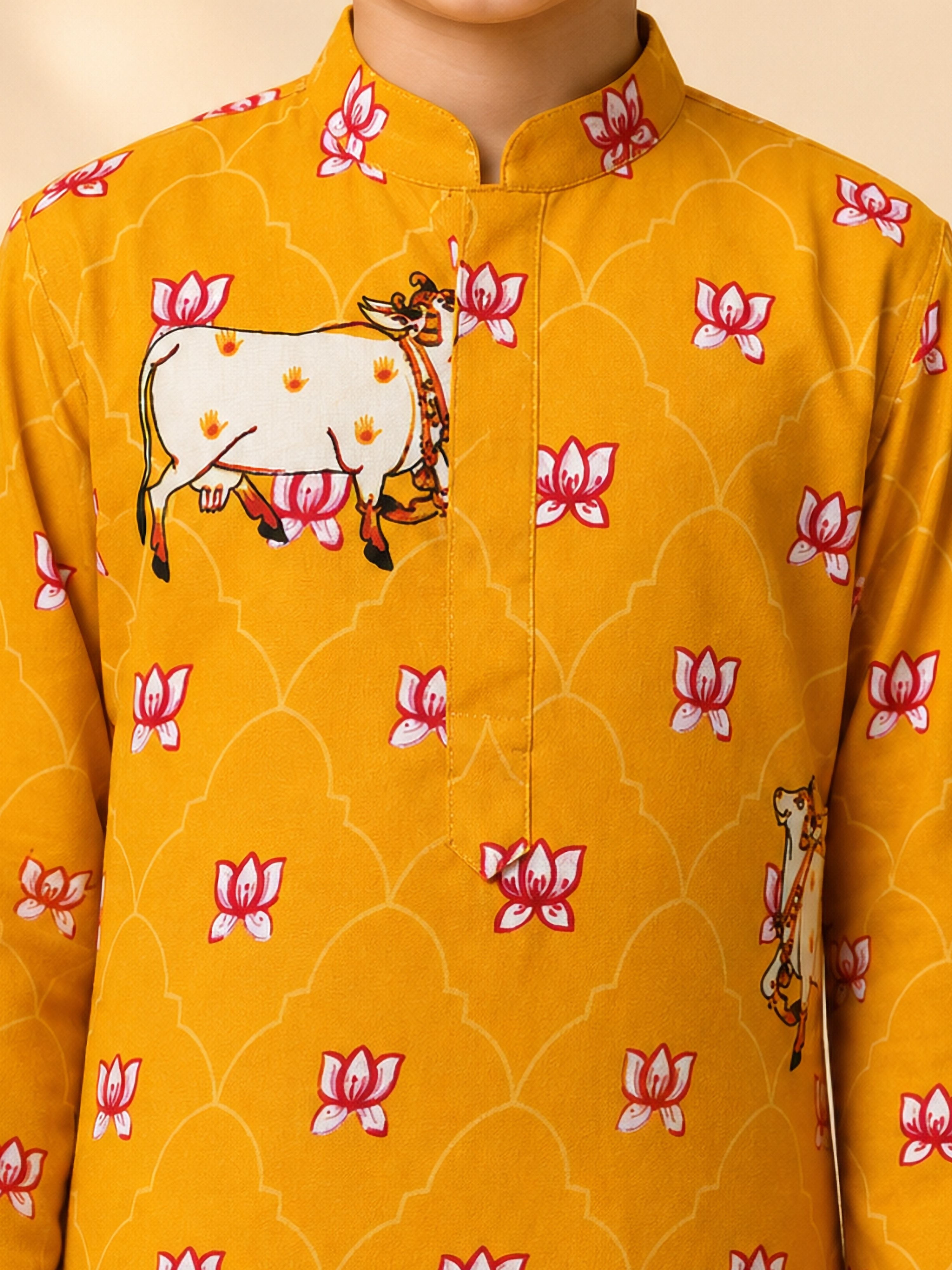 Boy's Mustard Rayon Ethnic Motifs Knee Length Kurta and Pyjama