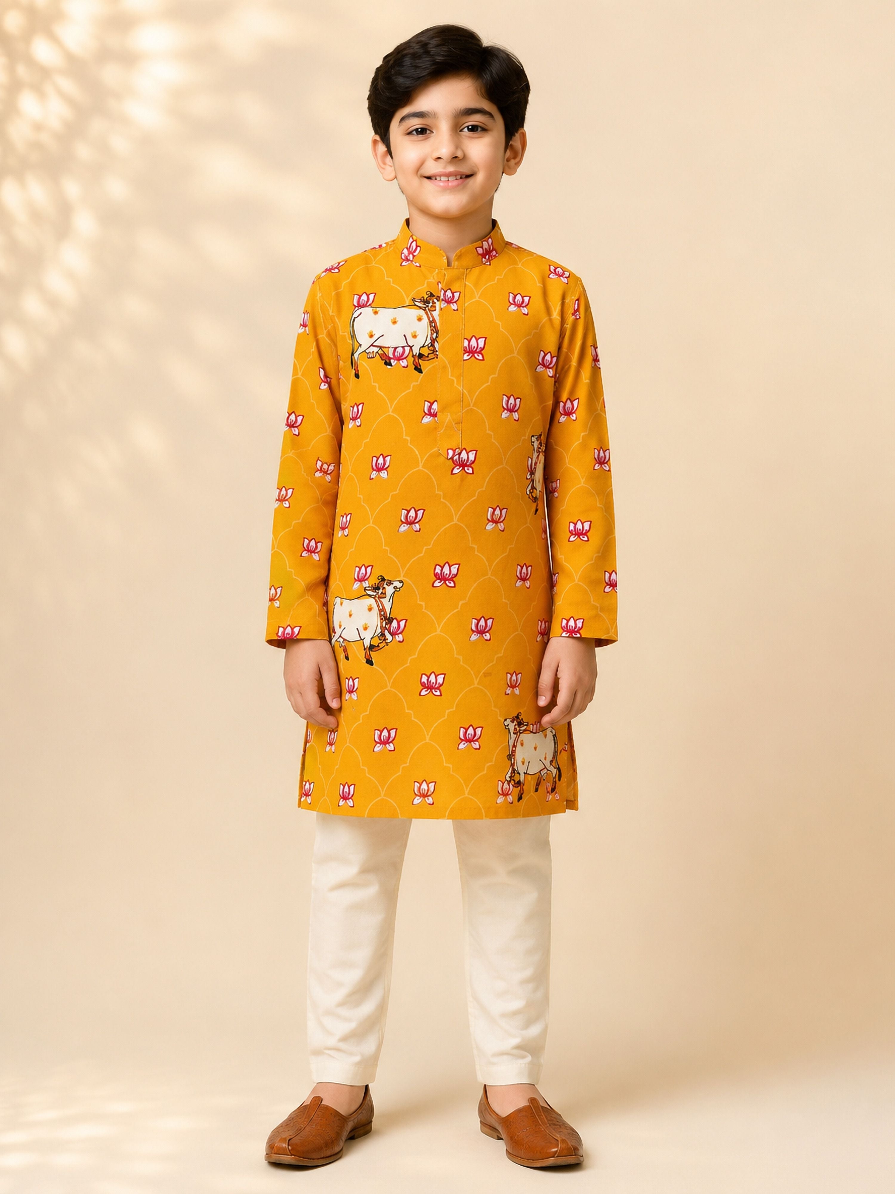 Boy's Mustard Rayon Ethnic Motifs Knee Length Kurta and Pyjama