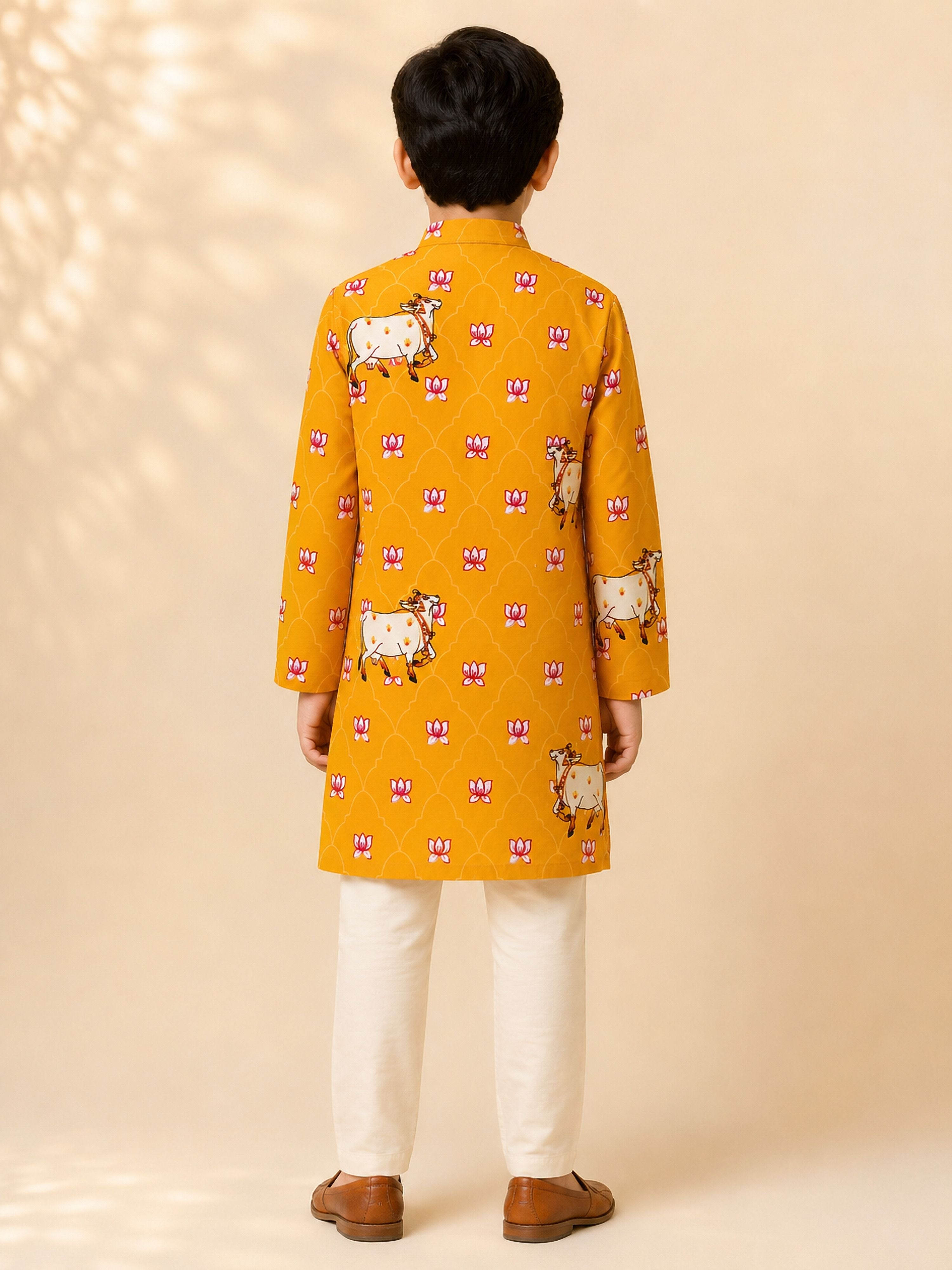 Boy's Mustard Rayon Ethnic Motifs Knee Length Kurta and Pyjama