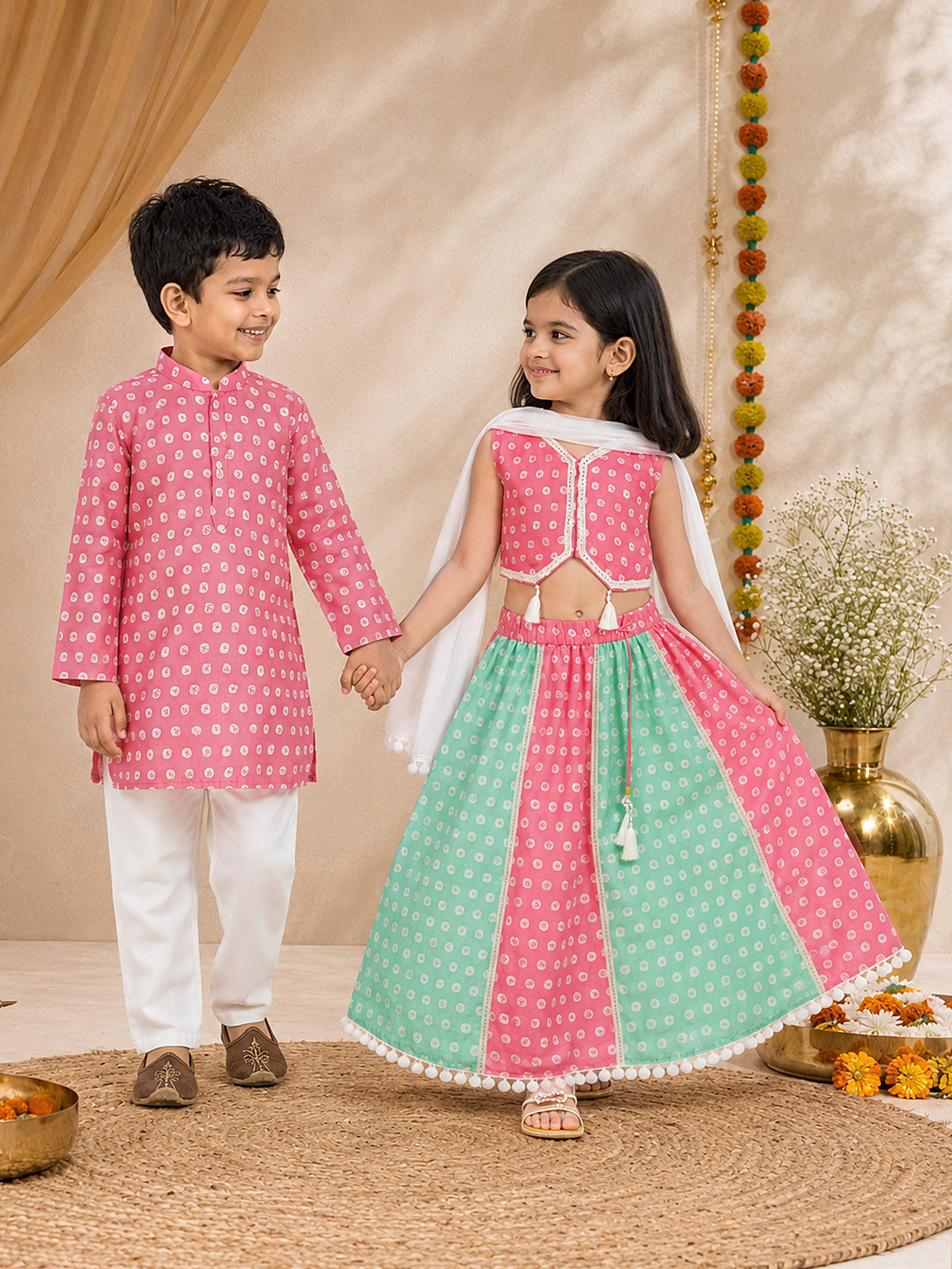 Girls' Pink Cotton Bandhani Print Lehenga Set with Aqua Lehenga & White Dupatta - Asymmetric Hem Festive Ethnic Wear