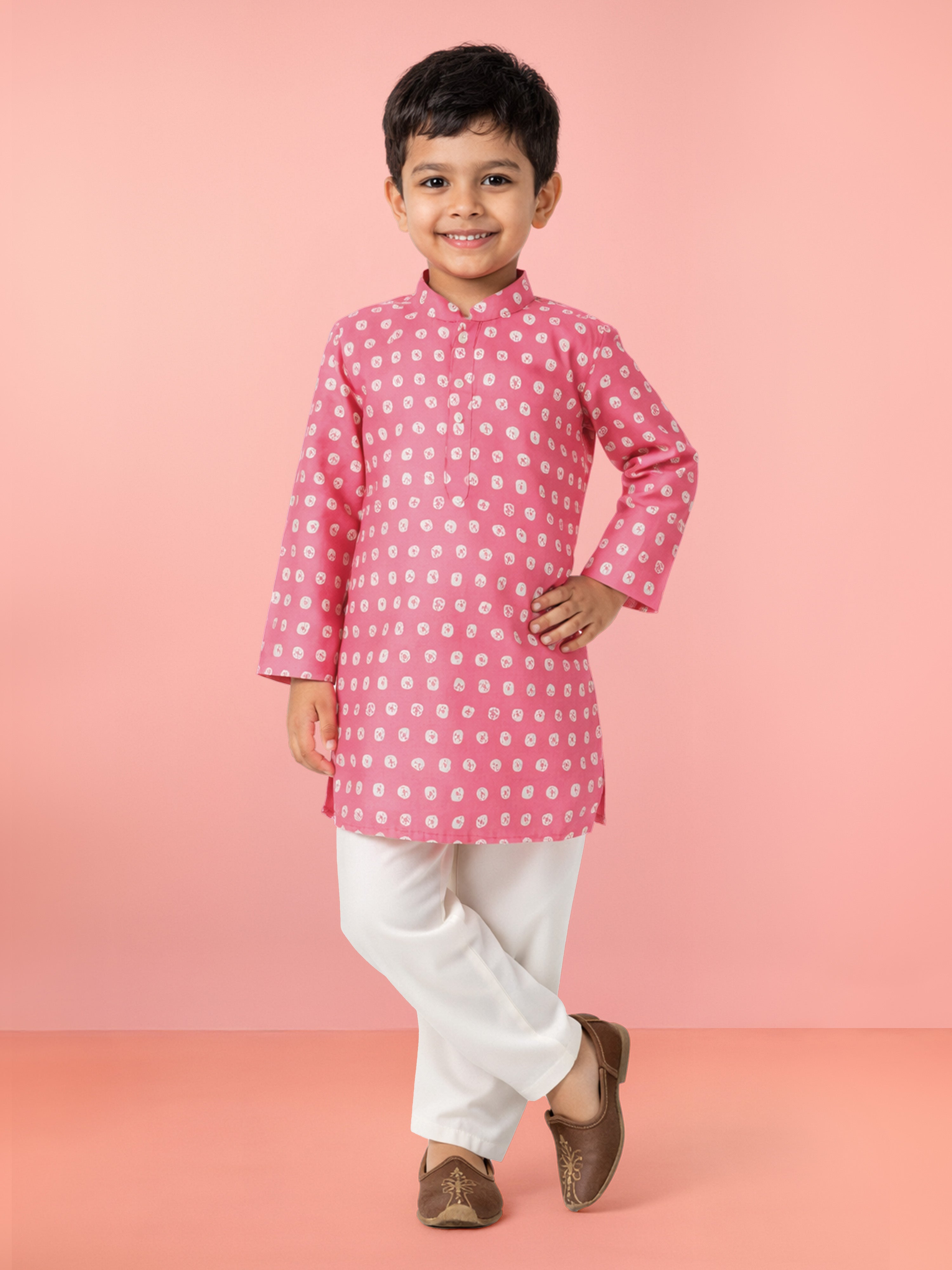 Boys Pink Linen Slub Kurta Pyjama Set