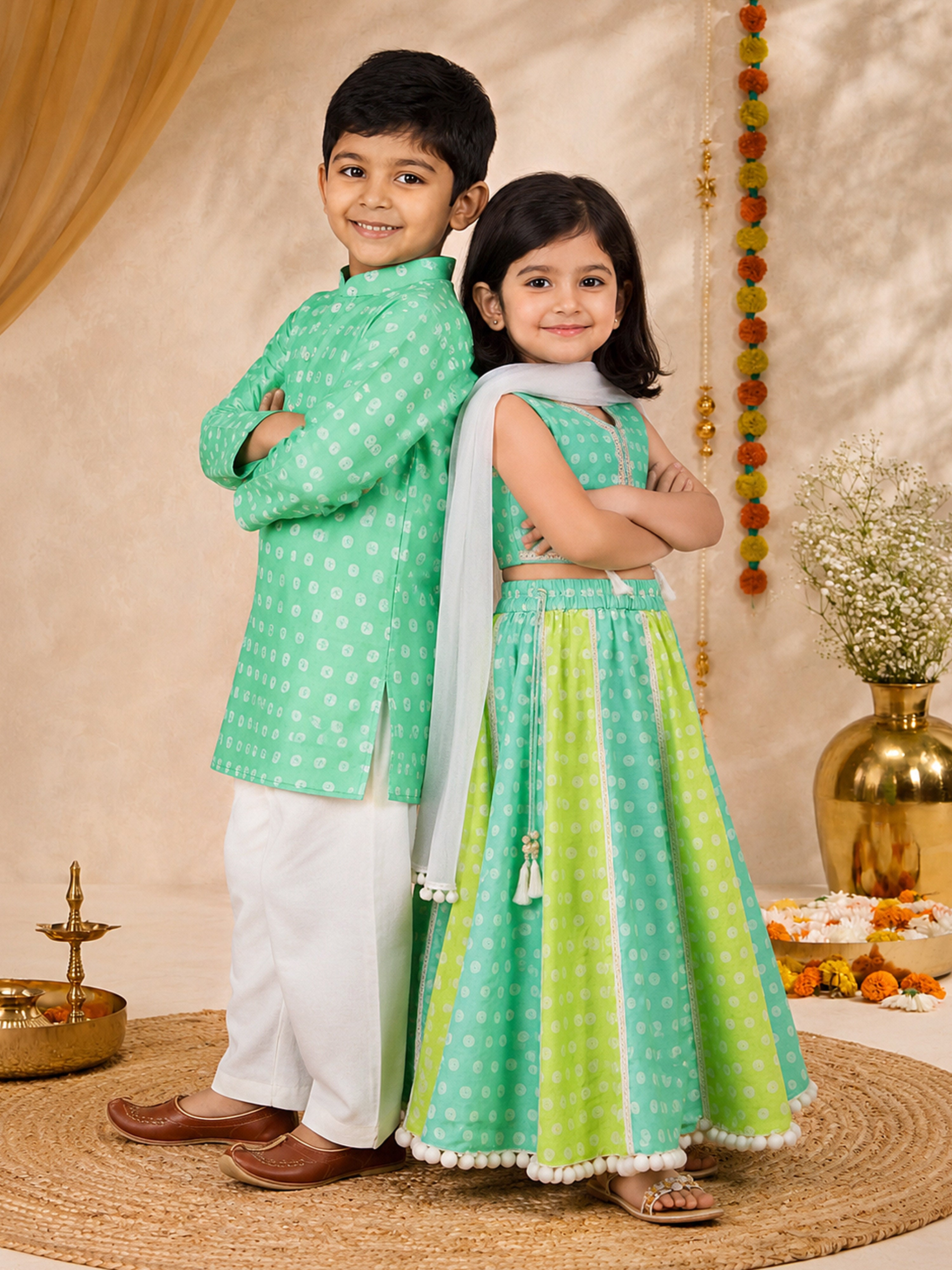 Girls' Sage Green Cotton Bandhani Print Lehenga Set with White Chiffon Dupatta -  Sleeveless Festive Ethnic Wear