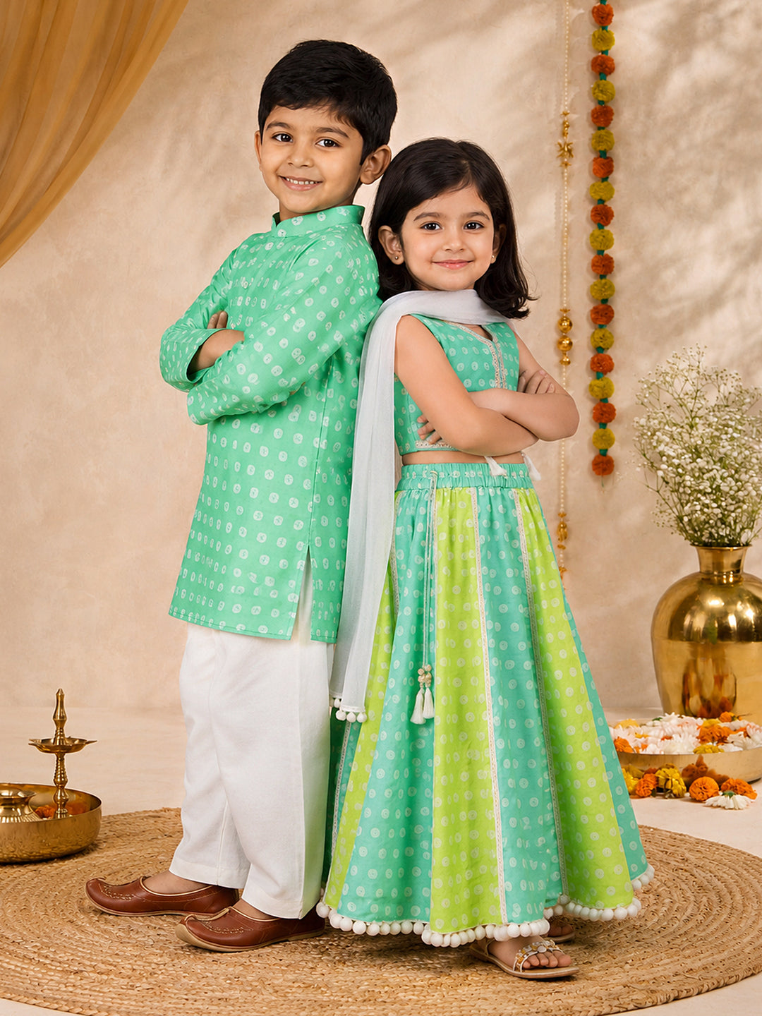 Girls Sage Green Cotton Bandhni Print Lehenga Set with White Chiffon Dupatta -  Sleeveless Festive Ethnic Wear