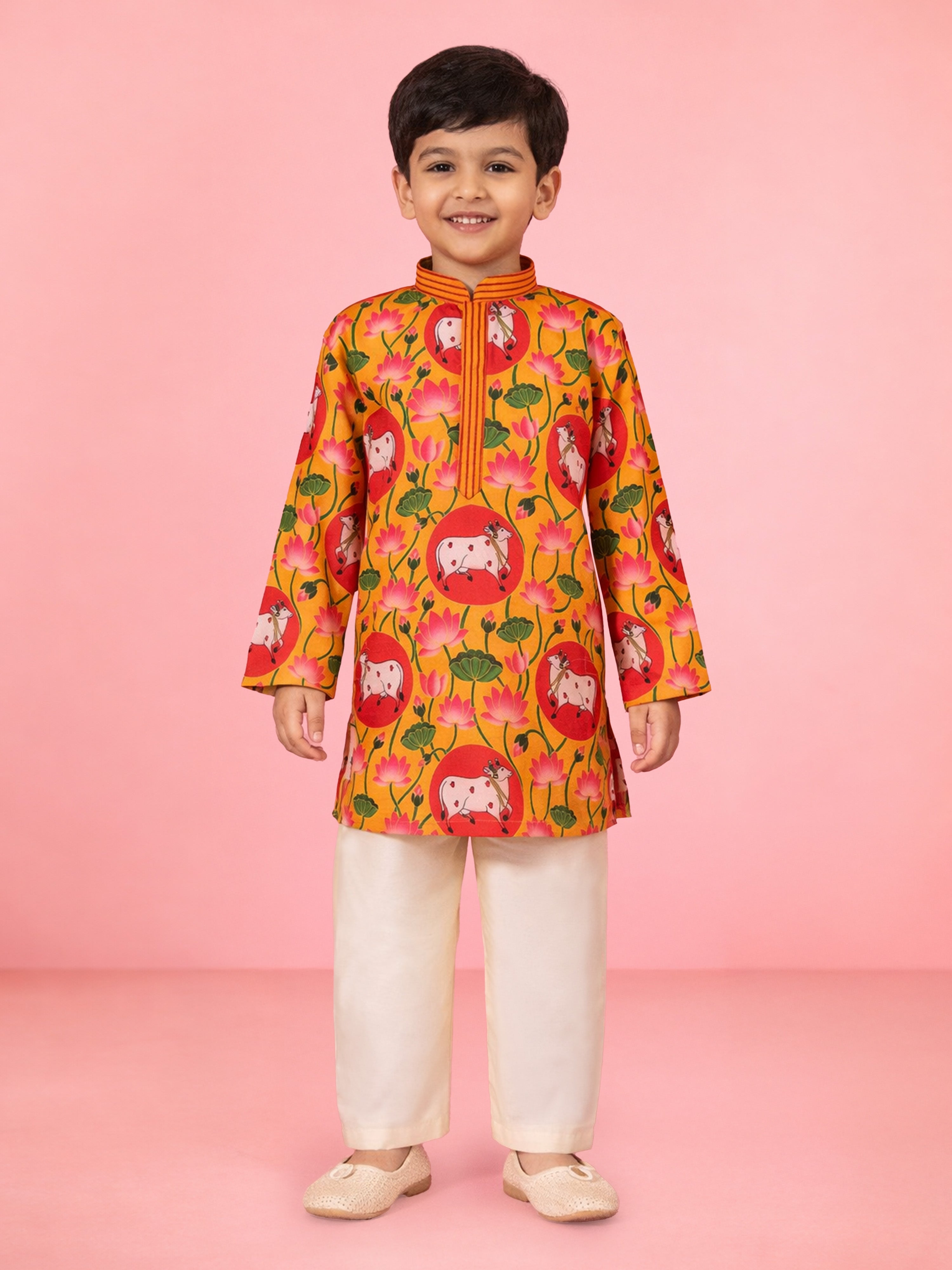 Boys Yellow Pichwai Print Muslin Kurta with Cream Pyjama