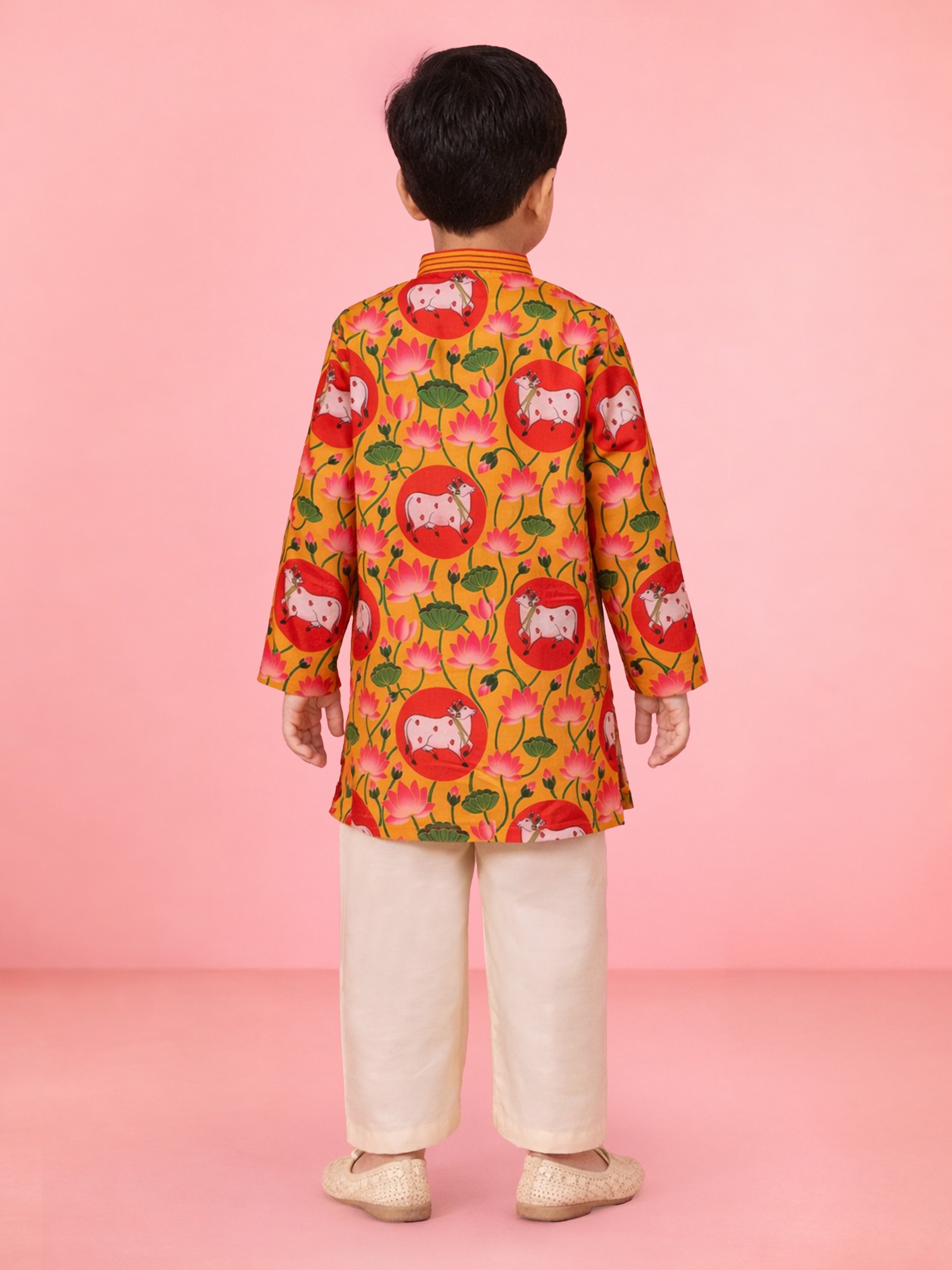 Boys Yellow Pichwai Print Muslin Kurta with Cream Pyjama