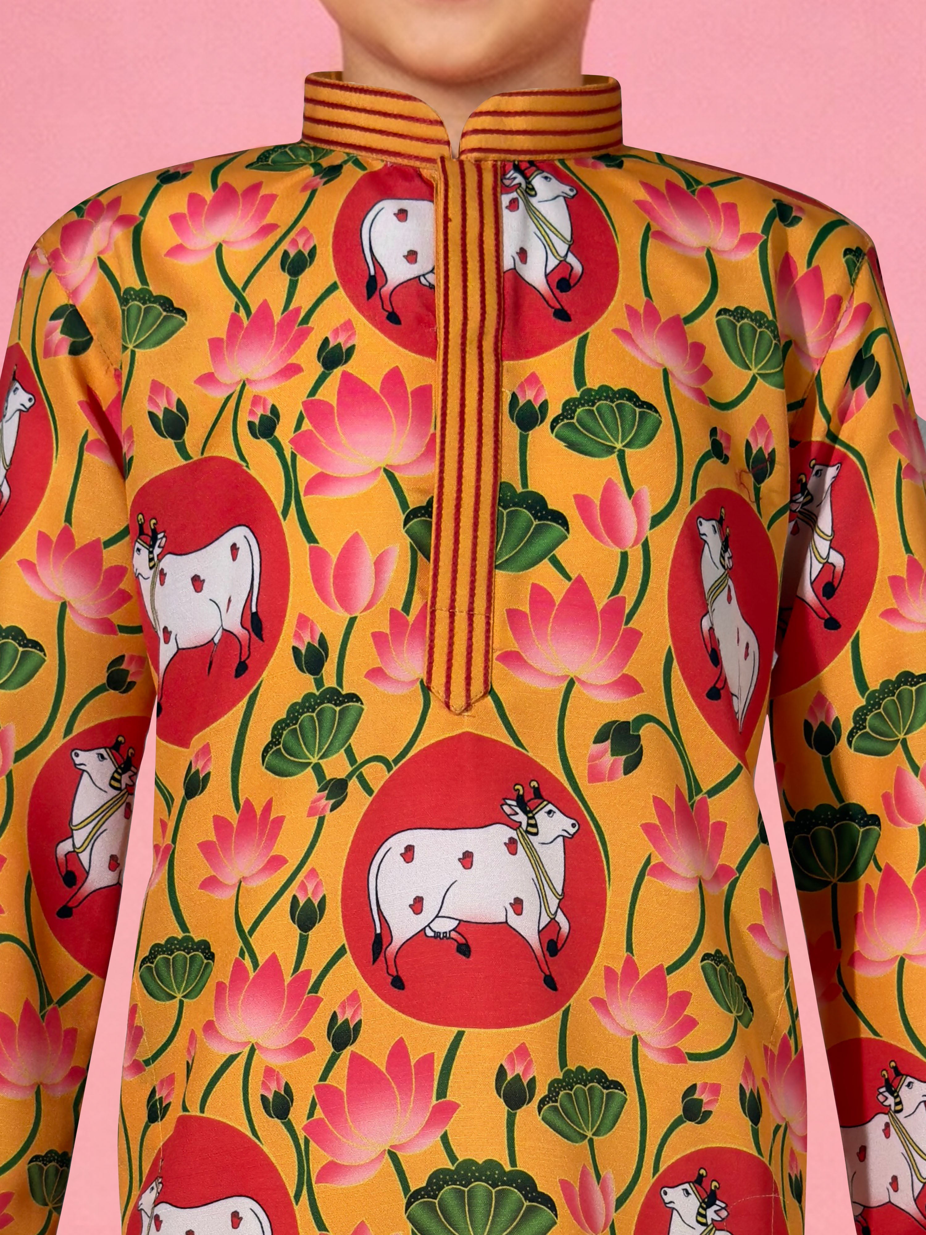 Boys Yellow Pichwai Print Muslin Kurta with Cream Pyjama