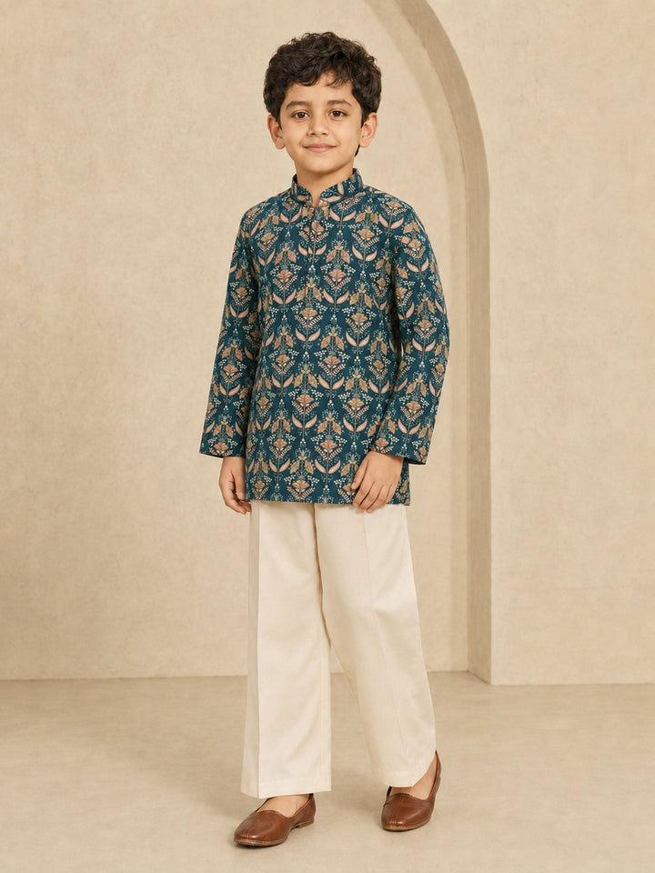 Boy Dark Green Silk Blend Kurta and Wide Leg Pant  Ethnic Wear