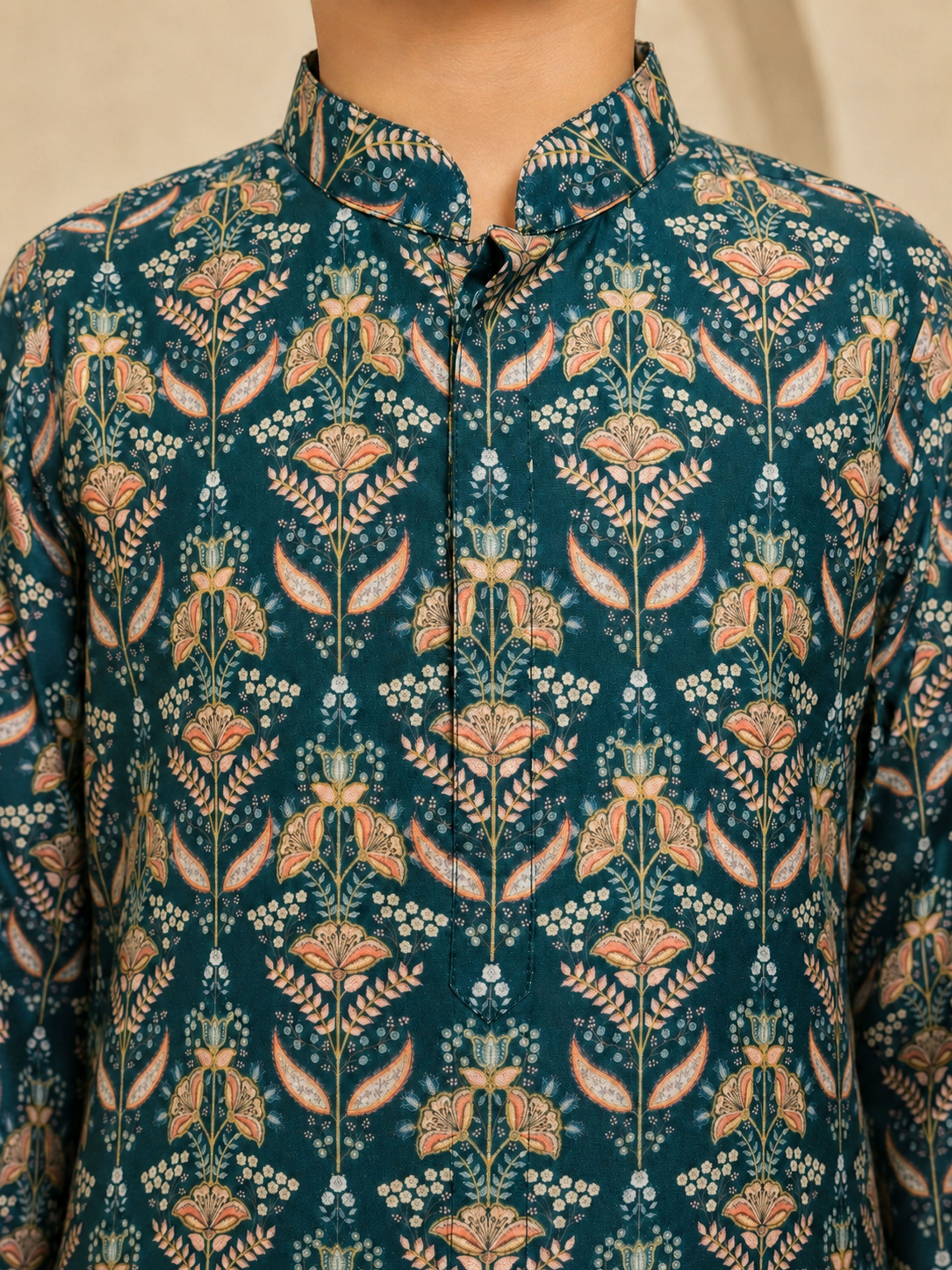 Boy's Dark Green Silk-Blend Floral Print Thigh Length Kurta and Wide Leg Pant