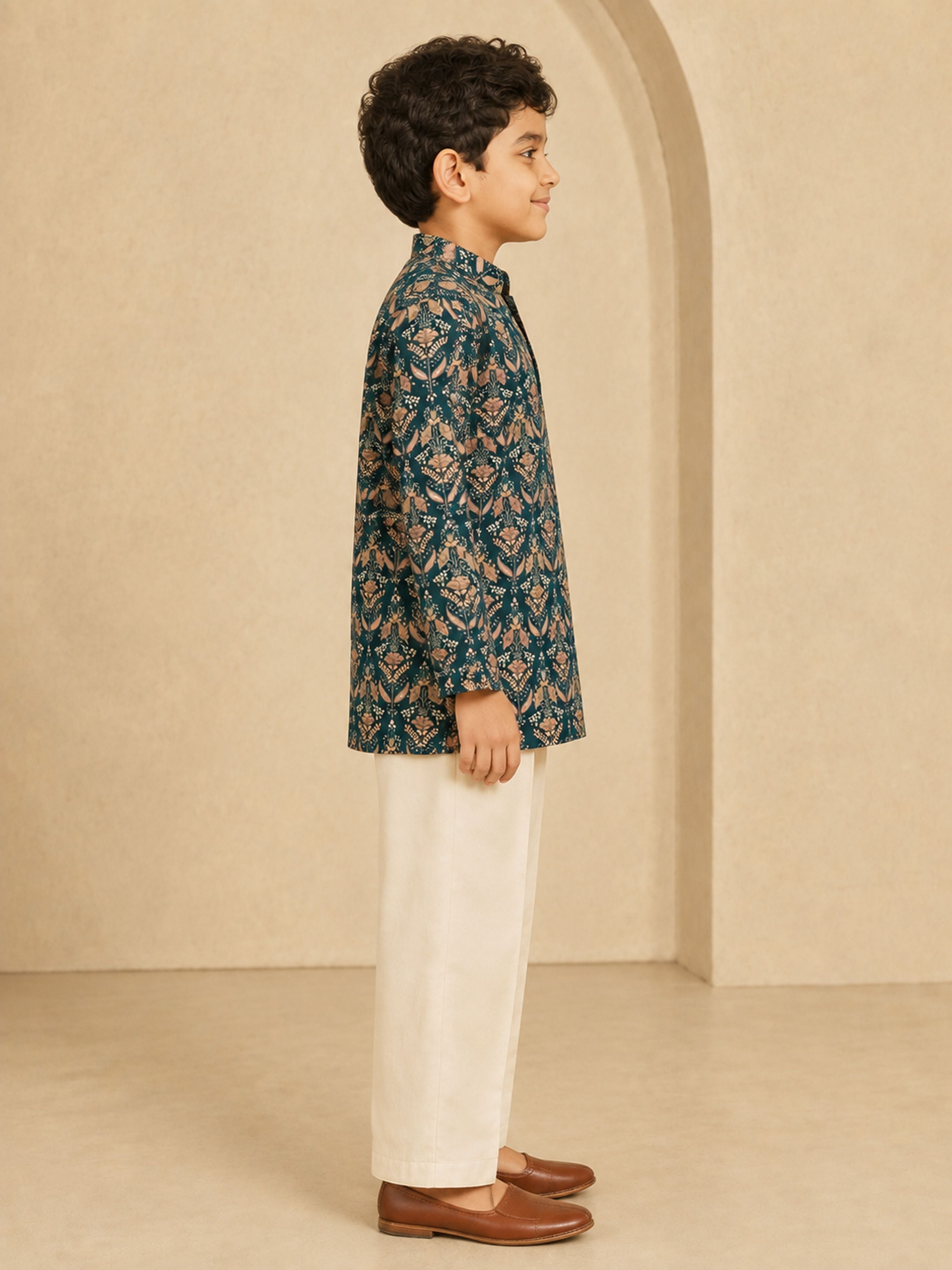 Boy's Dark Green Silk-Blend Floral Print Thigh Length Kurta and Wide Leg Pant