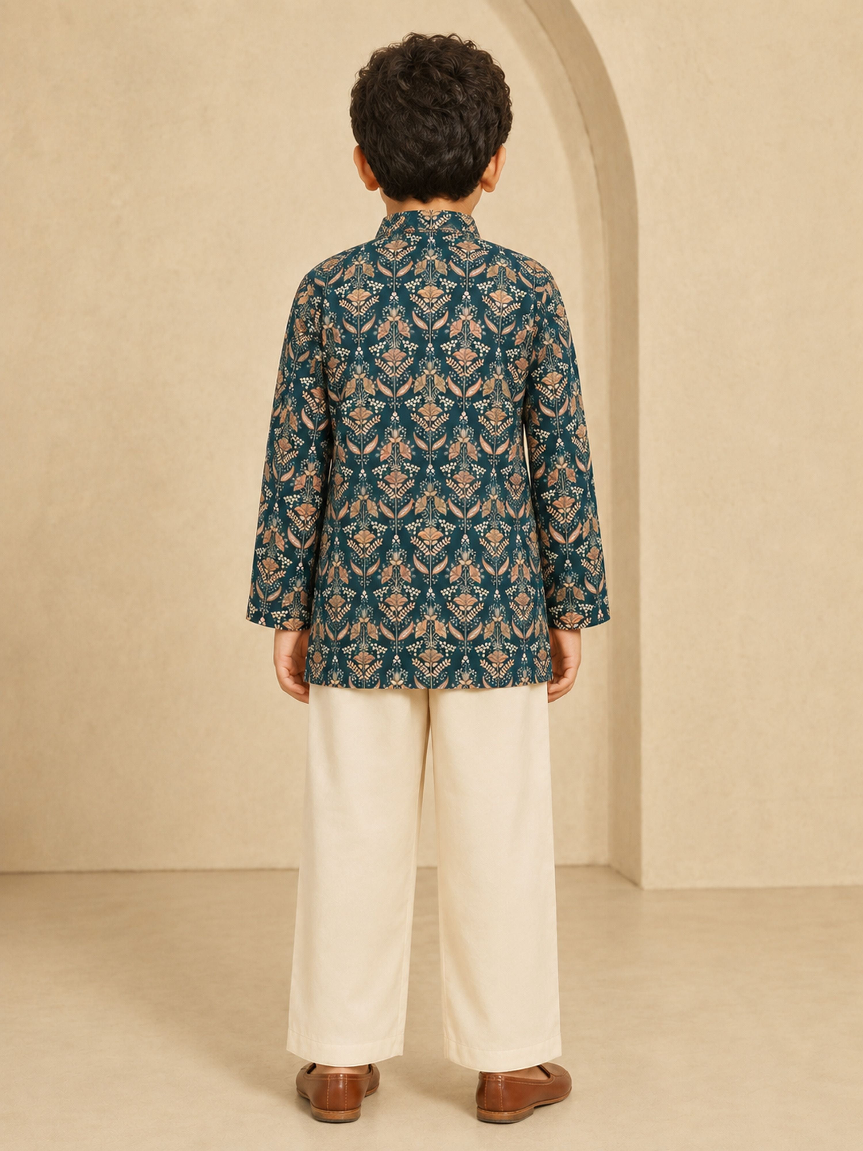 Boy's Dark Green Silk-Blend Floral Print Thigh Length Kurta and Wide Leg Pant