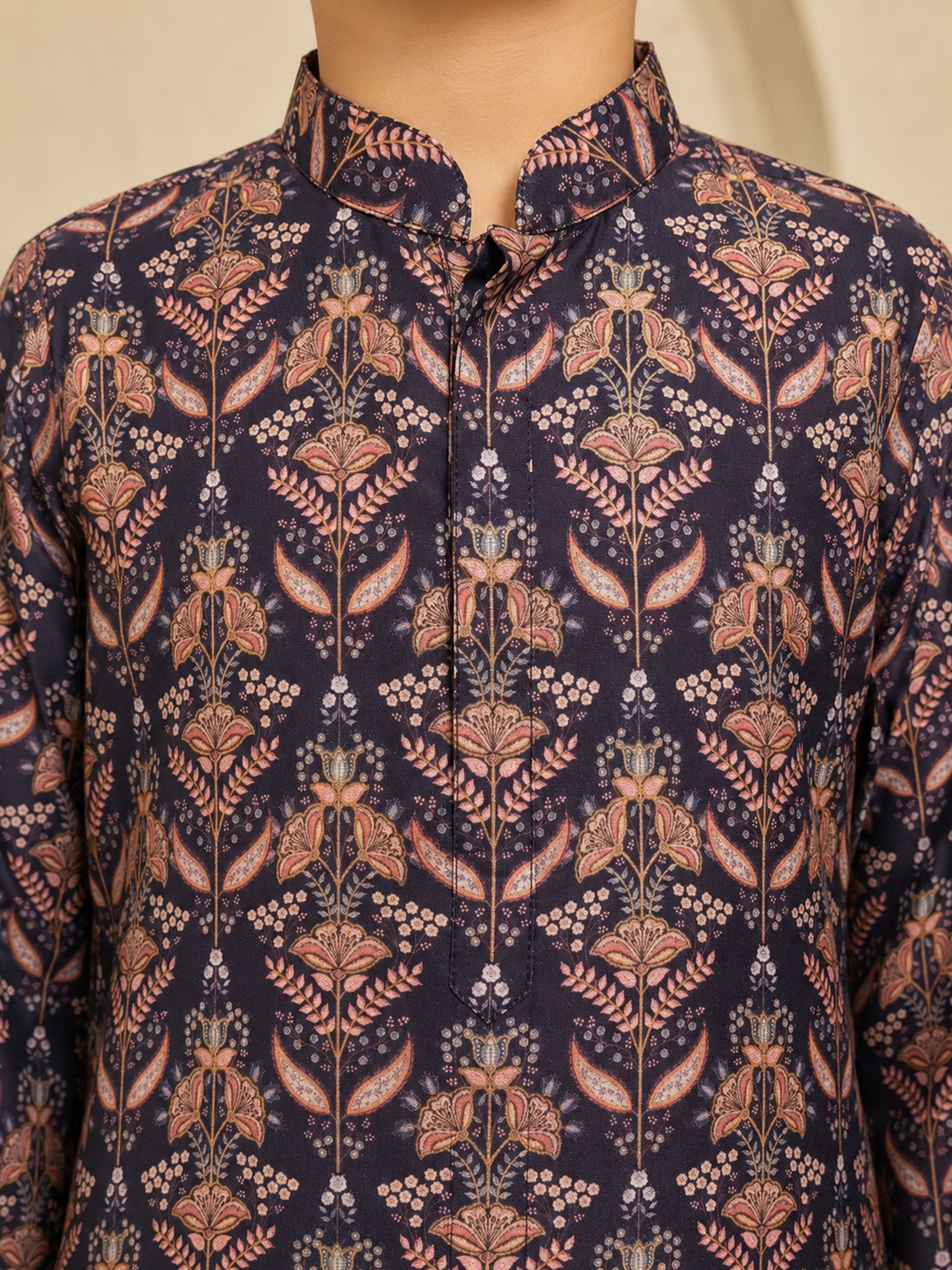 Boy's Wine Silk-Blend Floral Print Thigh Length Kurta and Wide Leg Pant