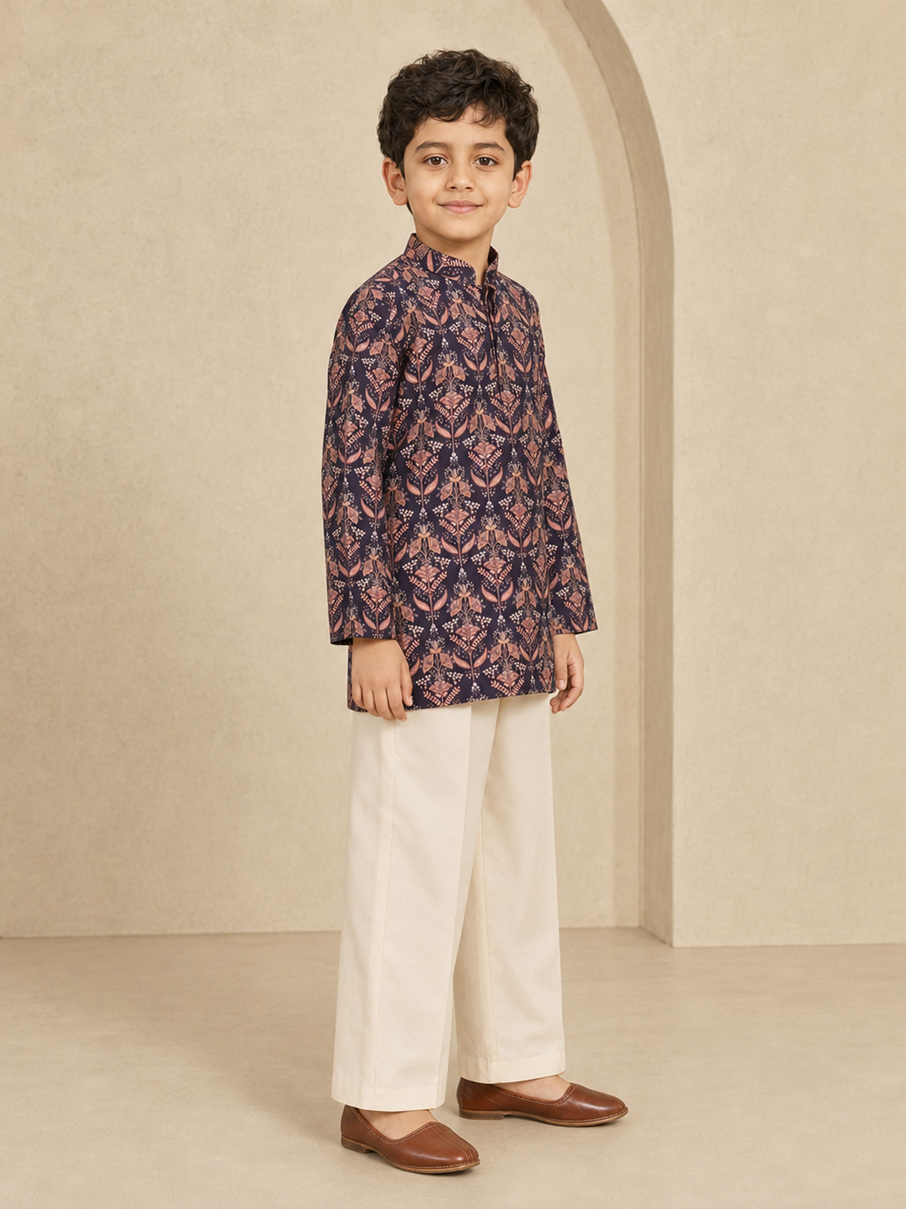 Boy's Wine Silk-Blend Floral Print Thigh Length Kurta and Wide Leg Pant