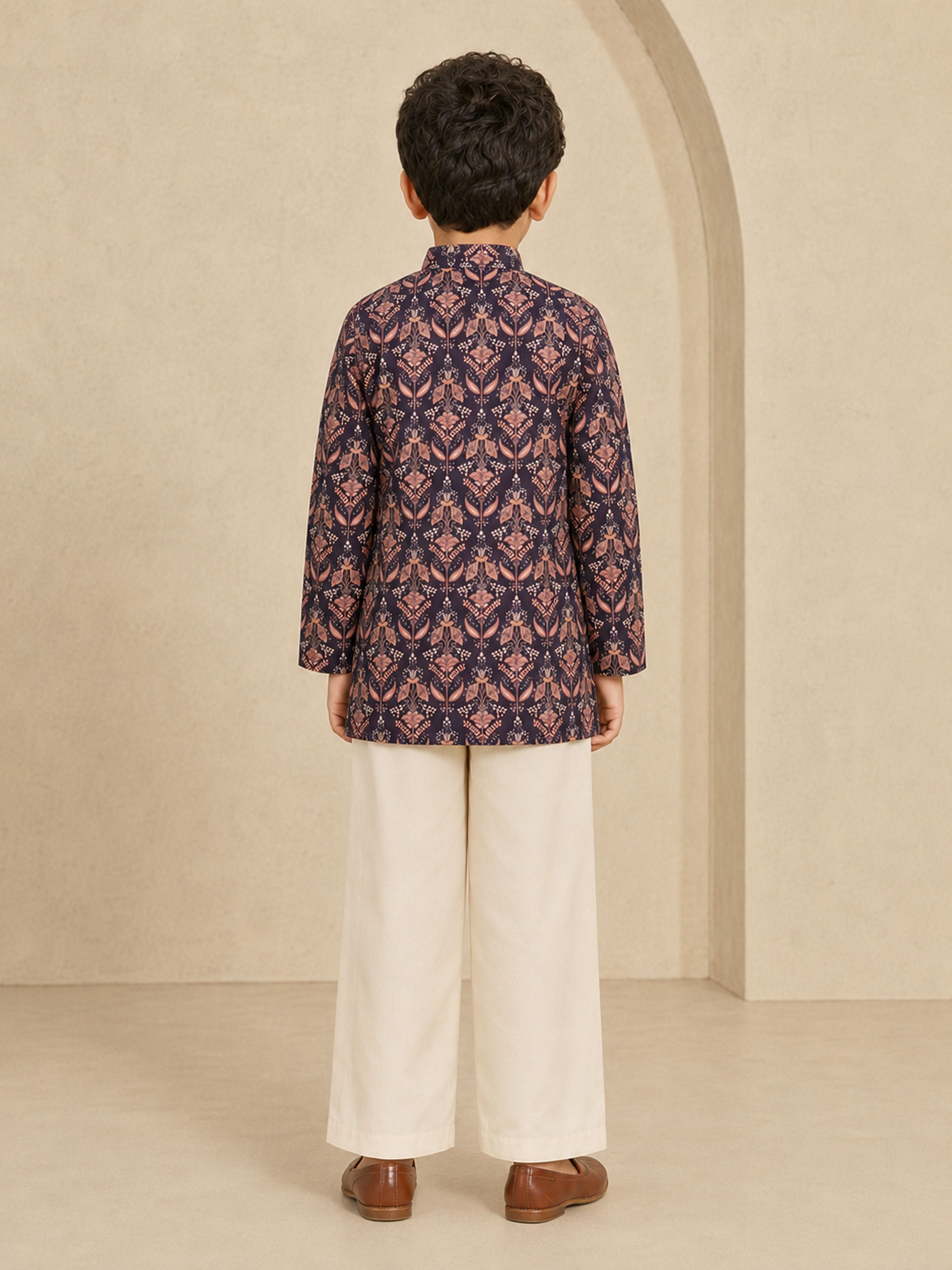 Boy's Wine Silk-Blend Floral Print Thigh Length Kurta and Wide Leg Pant